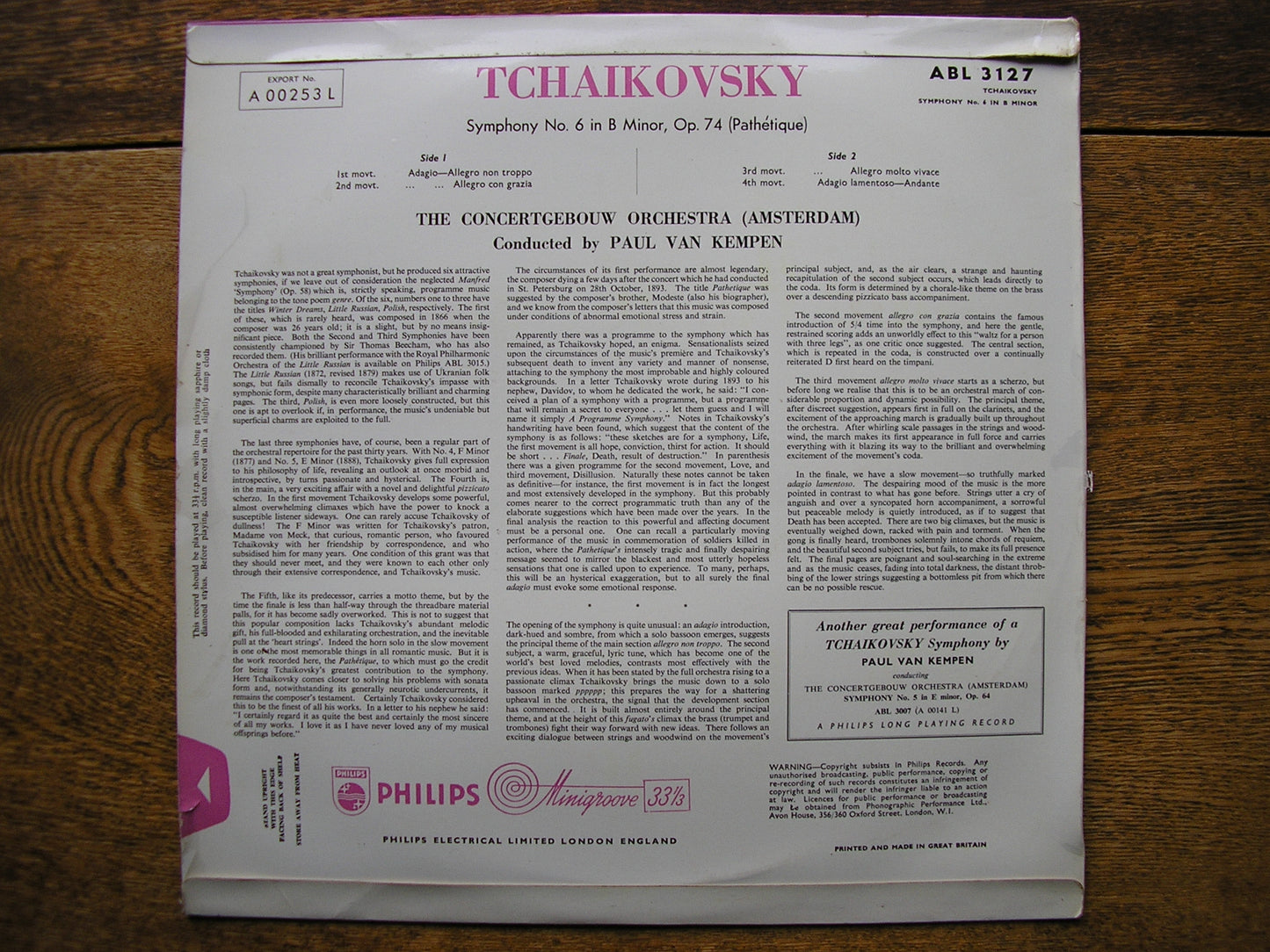 TCHAIKOVSKY: SYMPHONY No. 6 PAUL VAN KEMPEN / CONCERTGEBOUW ORCHESTRA ABL 3127