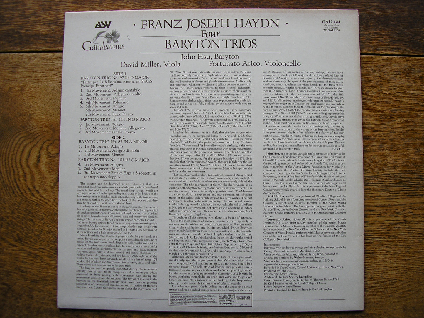 HAYDN: FOUR BARYTON TRIOS HSU / MILLER / ARICO GAU 104