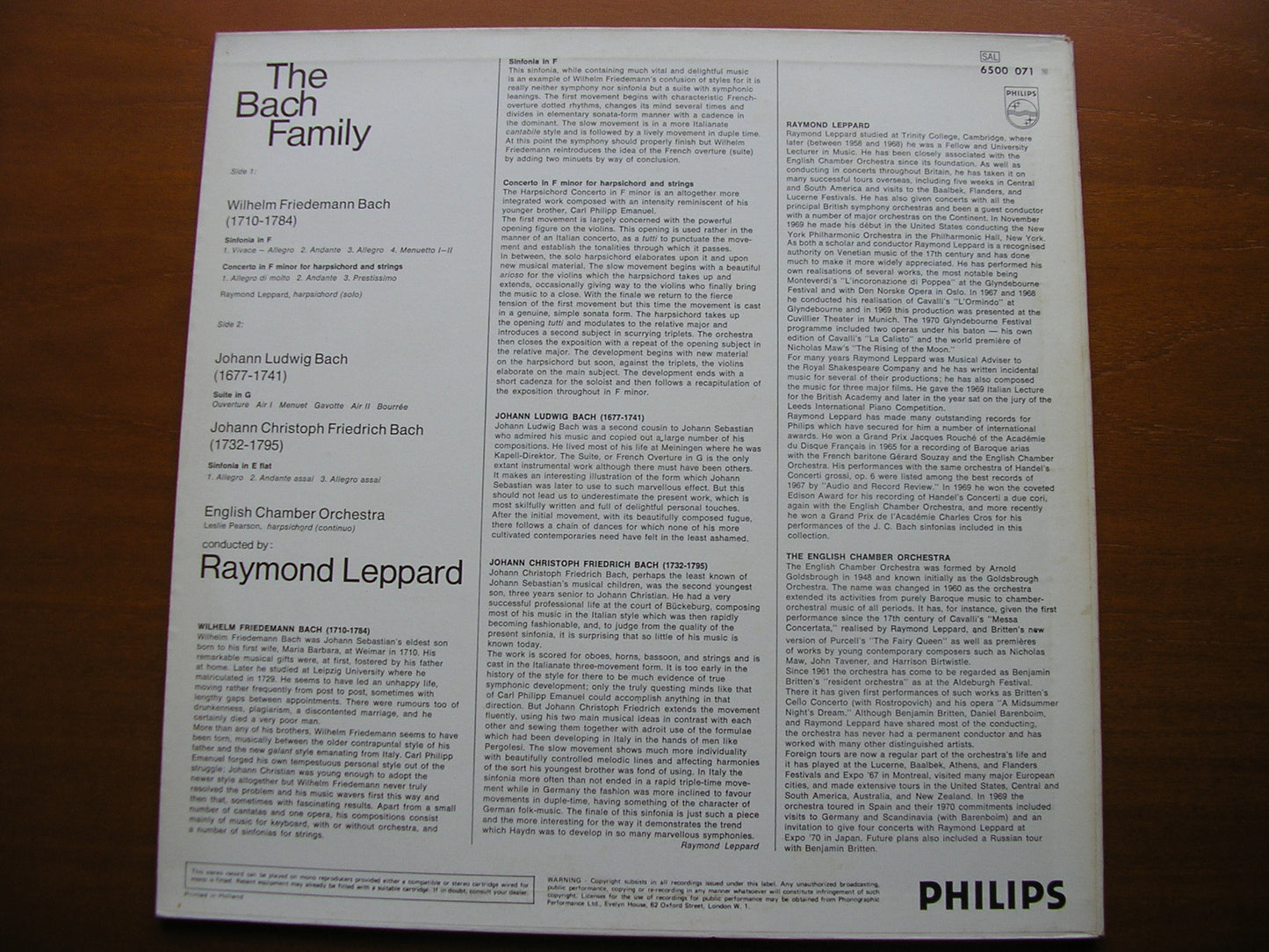 THE BACH FAMILY: ORCHESTRAL WORKS BY W F BACH / J L BACH / J C BACH LEPPARD / ENGLISH CHAMBER ORCHESTRA 6500 071