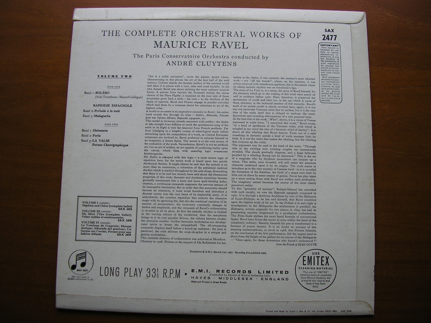 RAVEL: BOLERO / LA VALSE / RAPSODIE ESPAGNOLE CLUYTENS / PARIS CONSERVATOIRE SAX 2477