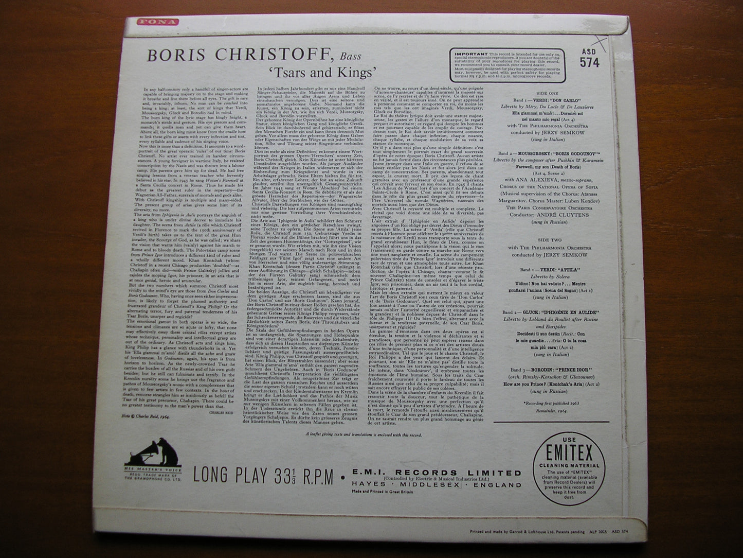 TSARS & KINGS: OPERA ARIAS BY VERDI / MUSSORGSKY / GLUCK / BORODIN BORIS CHRISTOFF / PHILHARMONIA / JERZY SEMKOW ASD 574