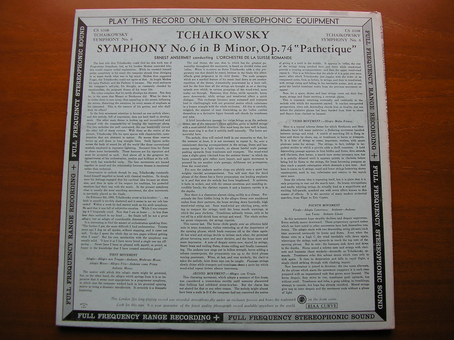 TCHAIKOVSKY: SYMPHONY No. 6 ANSERMET / SUISSE ROMANDE ORCHESTRA CS 6108