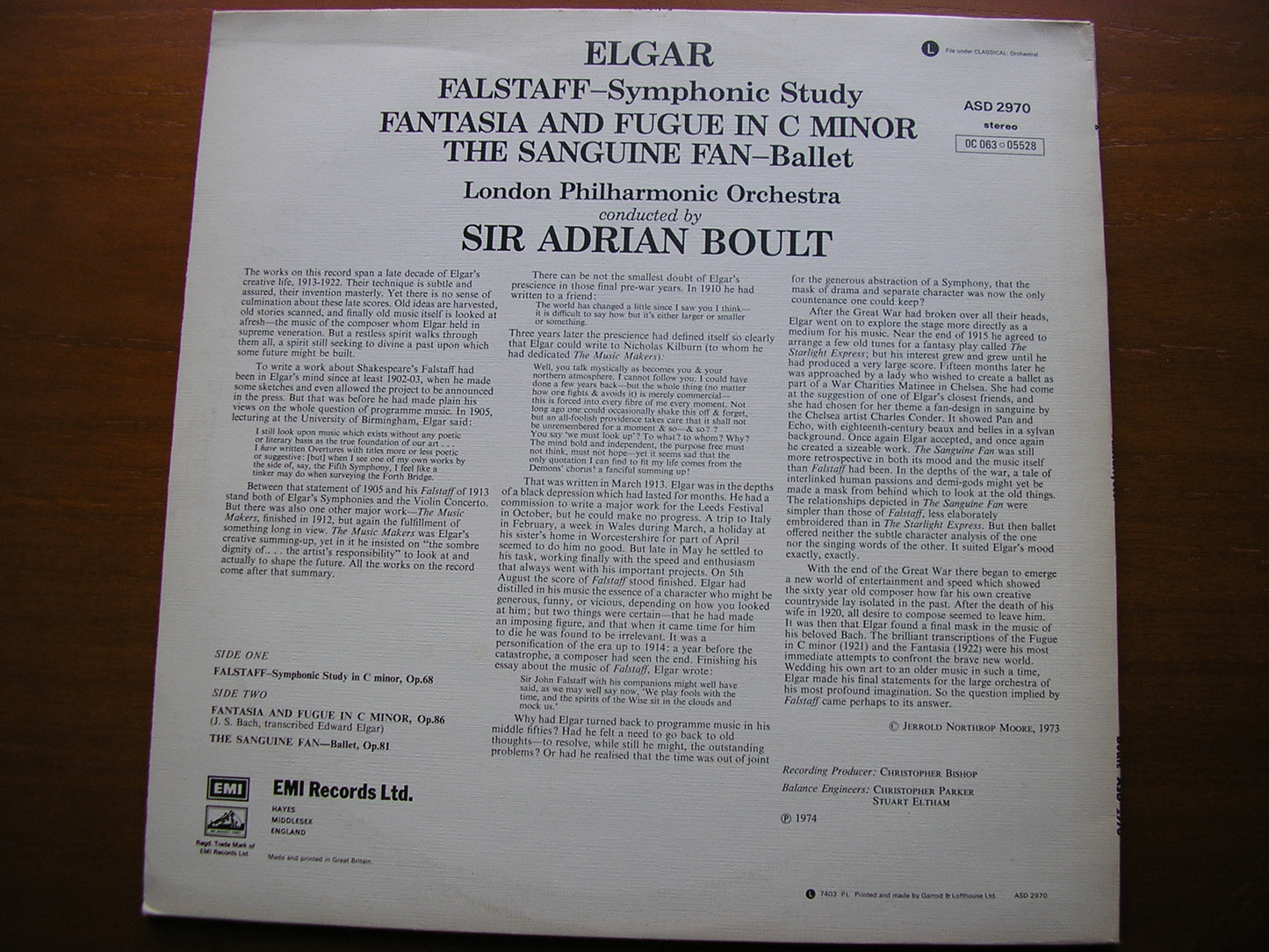 BACH-ELGAR: FANTASIA & FUGUE / ELGAR: FALSTAFF / THE SANGUINE FAN BOULT / LONDON PHILHARMONIC ASD 2970