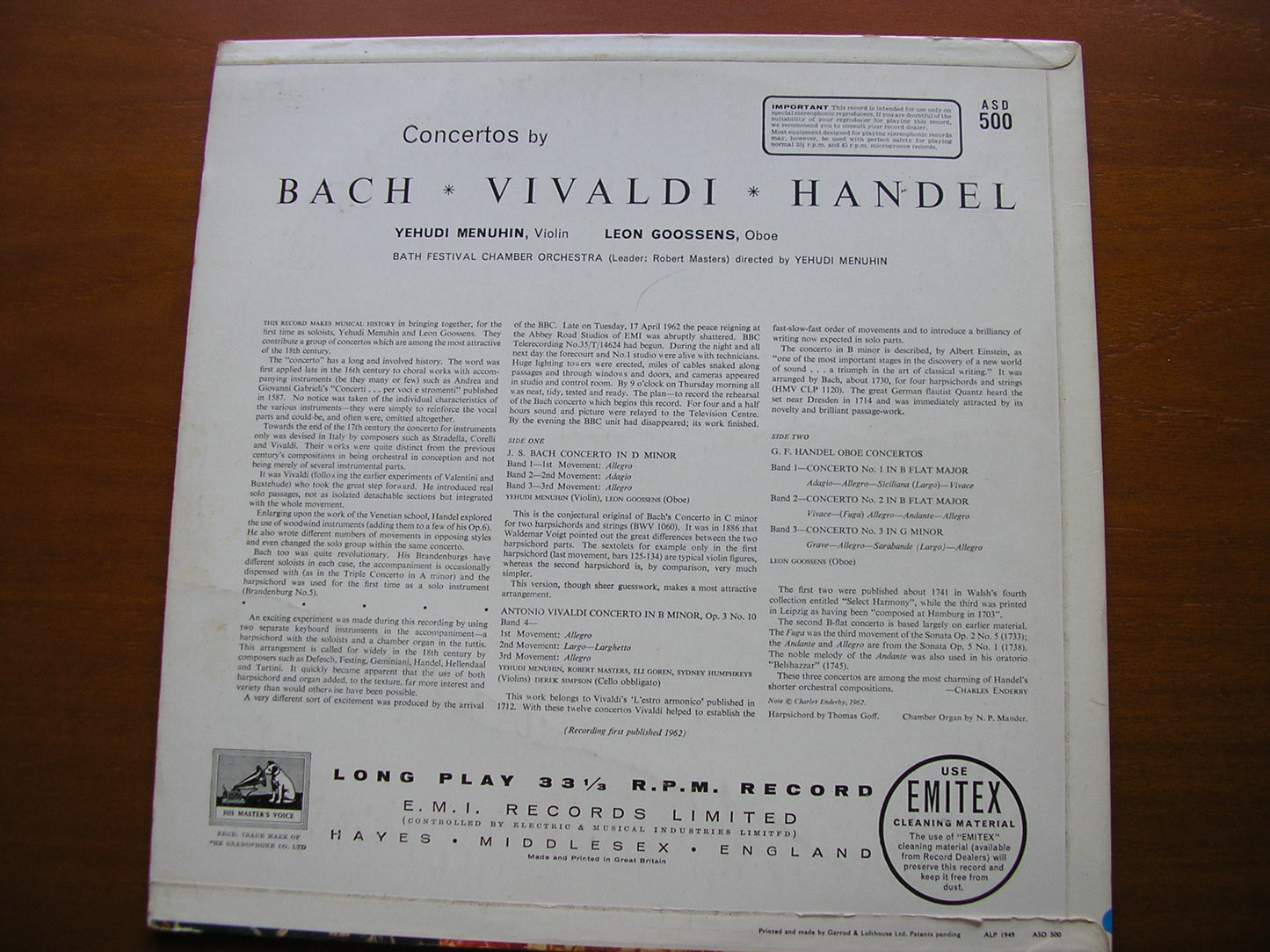 BACH / VIVALDI / HANDEL: CONCERTOS MENUHIN / GOOSSENS / BATH FESTIVAL CHAMBER ORCHESTRA / MENUHIN ASD 500