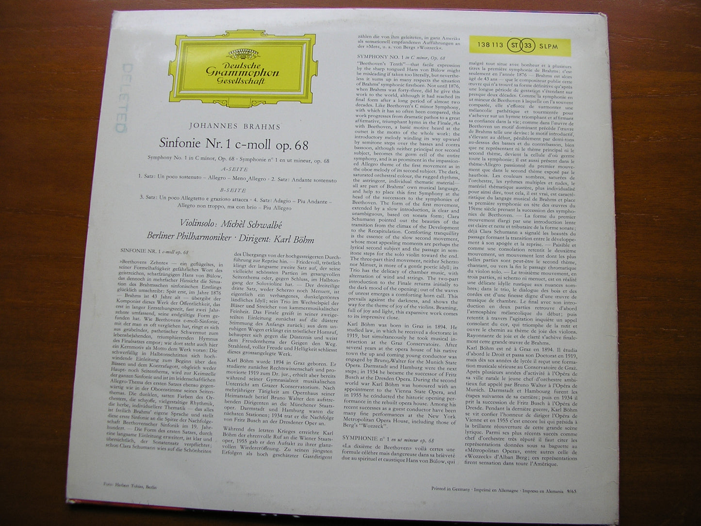 BRAHMS: SYMPHONY No. 1 BOHM / BERLIN PHILHARMONIC 138 113