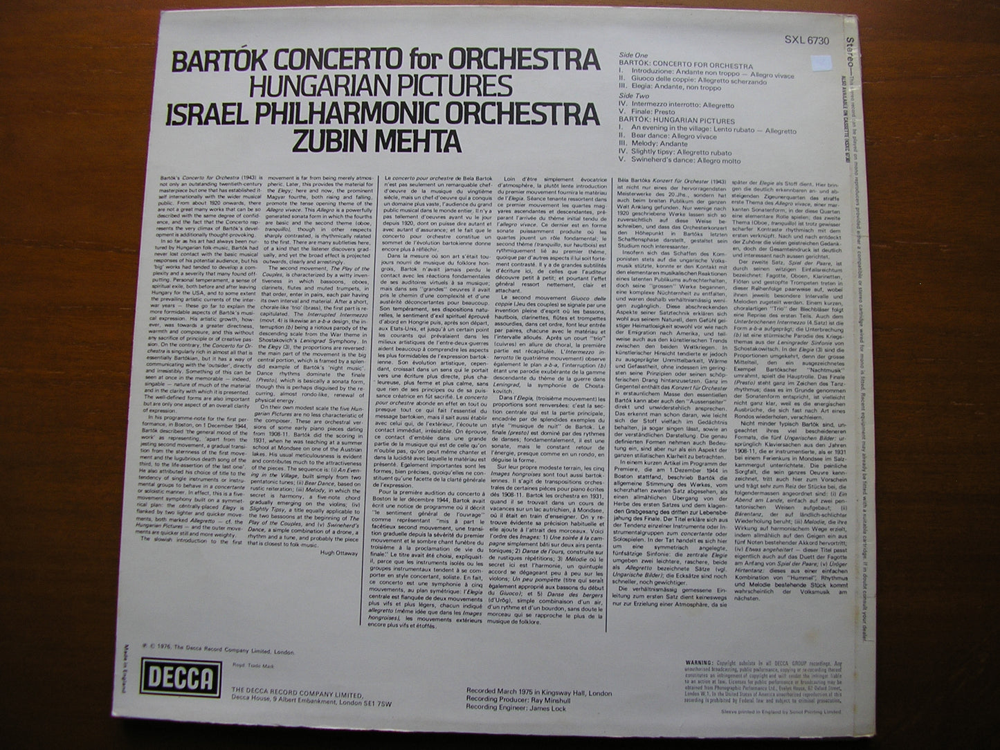 BARTOK: CONCERTO FOR ORCHESTRA / HUNGARIAN PICTURES    ZUBIN MEHTA / ISRAEL PHILHARMONIC SXL 6730
