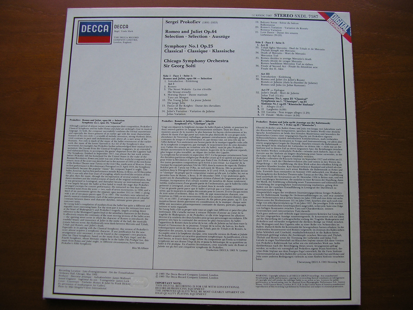 PROKOFIEV: ROMEO & JULIET excerpts / SYMPHONY No. 1    SOLTI / CHICAGO SYMPHONY   SXDL 7587