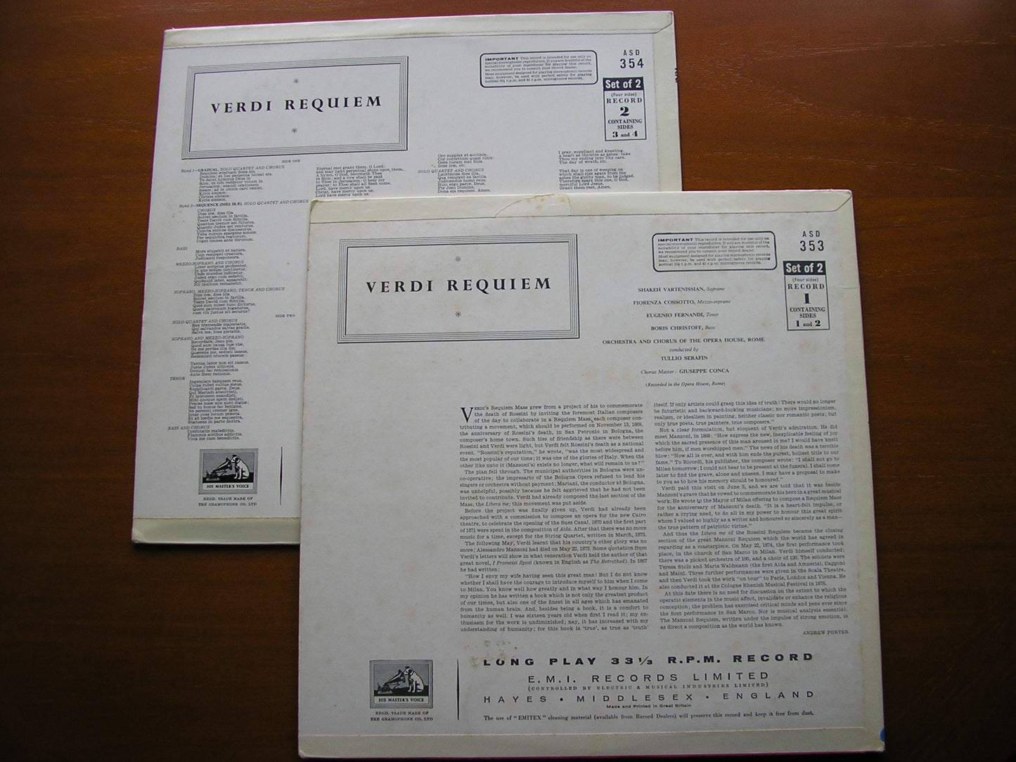 VERDI: REQUIEM VARTENISSIAN / CHRISTOFF / FERNANDI / COSSOTTO / ROME OPERA / SERAFIN ASD 353-4