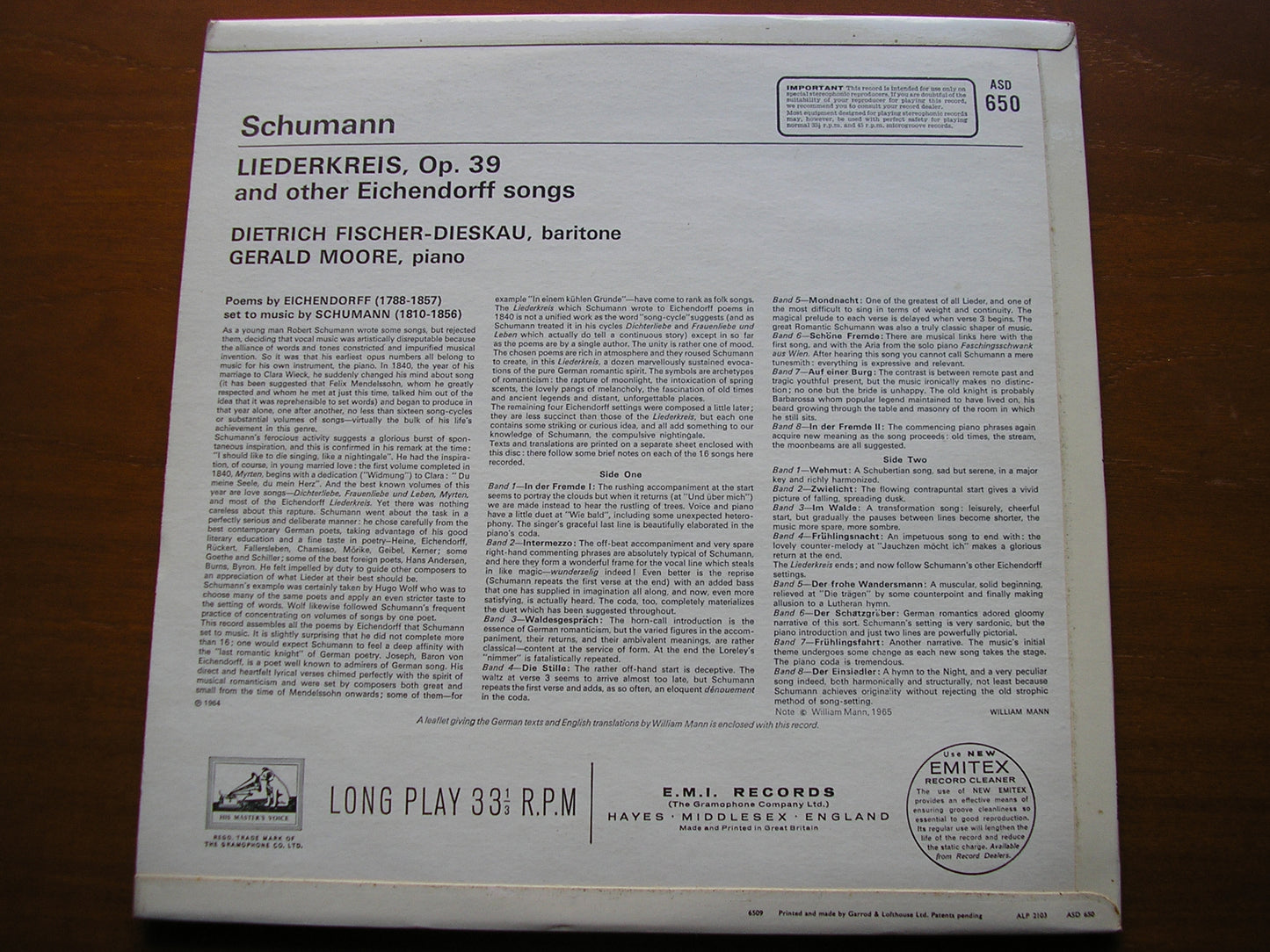 SCHUMANN: LIEDERKREIS Op. 39 / FOUR SONGS    FISCHER-DIESKAU / MOORE    ASD 650