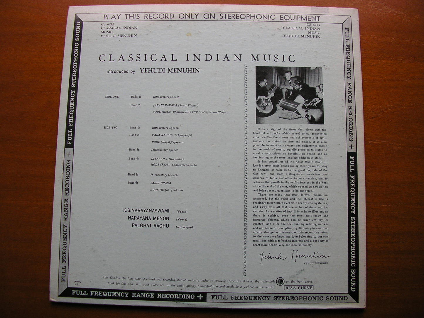 CLASSICAL INDIAN MUSIC   NARAYANASWAMI / MENON / RAGHU / MENUHIN     CS 6213