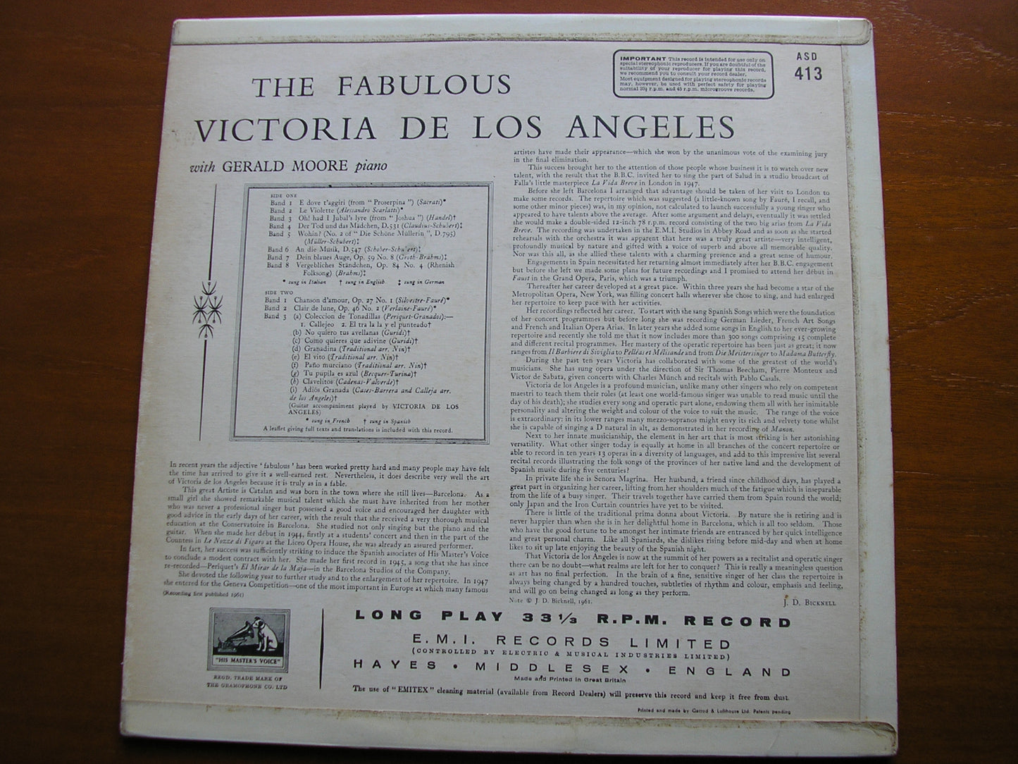 THE FABULOUS VICTORIA DE LOS ANGELES SONG RECITAL WITH GERALD MOORE ASD 413