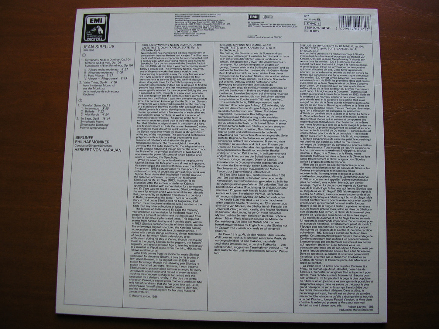 SIBELIUS: SYMPHONY No. 6 / KARELIA SUITE / EN SAGA / VALSE TRISTE KARAJAN / BERLIN PHILHARMONIC 27 0407