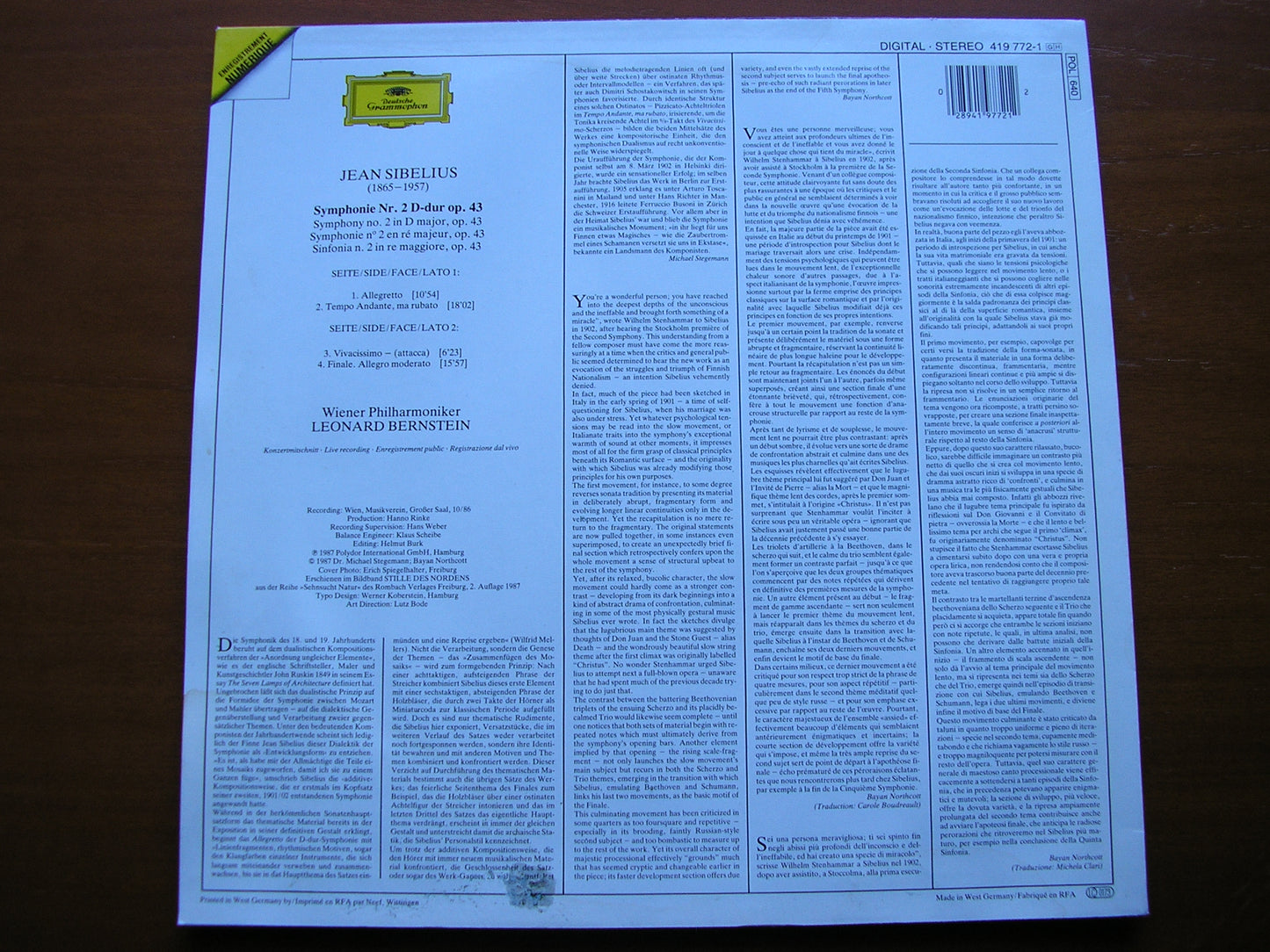 SIBELIUS: SYMPHONY No. 2 BERNSTEIN / VIENNA PHILHARMONIC 419 772