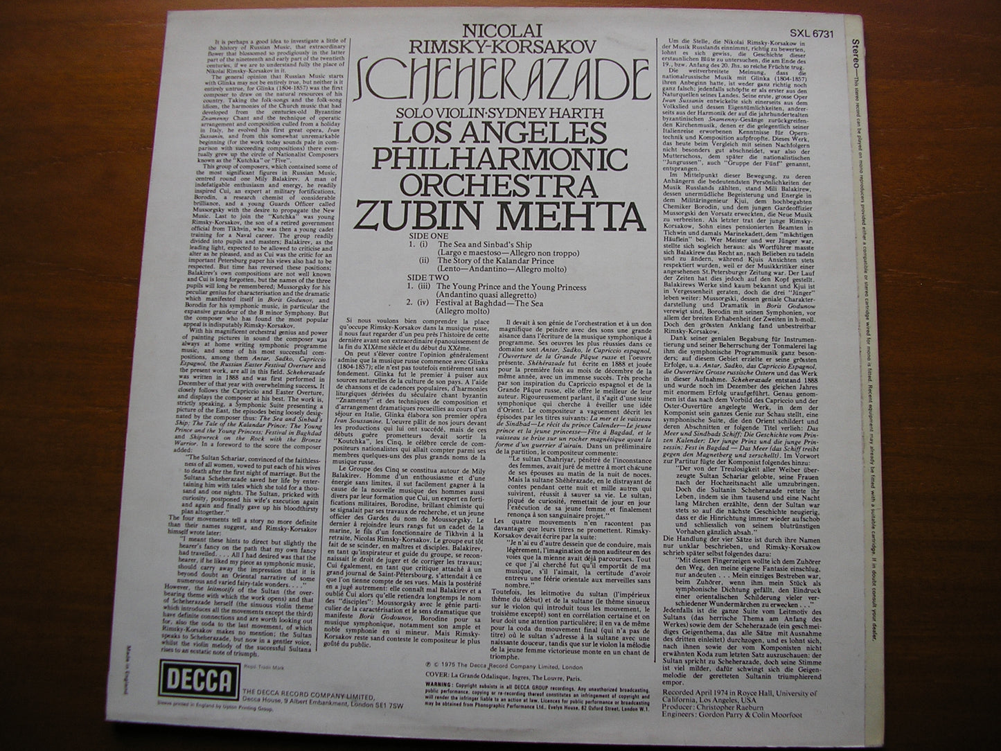 RIMSKY-KORSAKOV: SCHEHERAZADE ZUBIN MEHTA / LOS ANGELES PHILHARMONIC ORCHESTRA SXL 6731