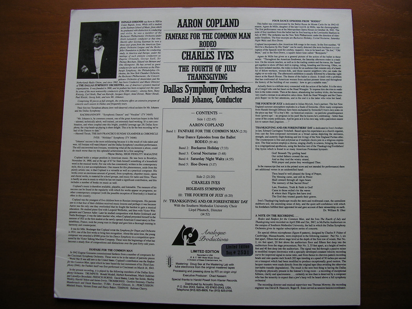 COPLAND: FANFARE / RODEO / IVES: HOLIDAYS SYMPHONY   JOHANOS / DALLAS SYMPHONY     APC 004