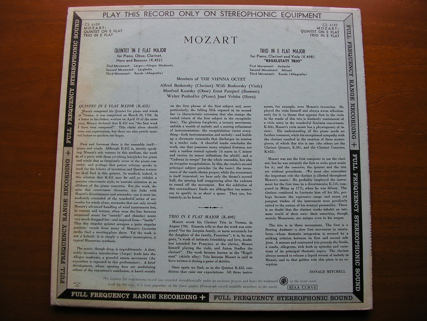 MOZART: QUINTET K452 / TRIO K498 PANNHOFER / MEMBERS OF VIENNA OCTET CS 6109