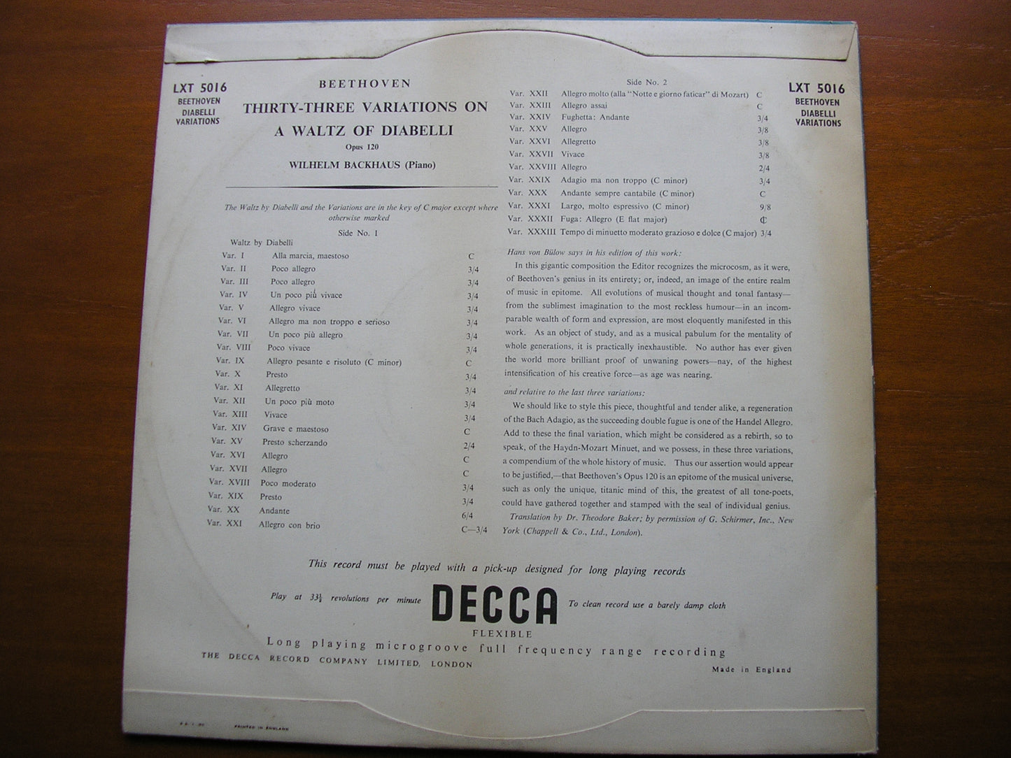 BEETHOVEN: DIABELLI VARIATIONS WILHELM BACKHAUS LXT 5016