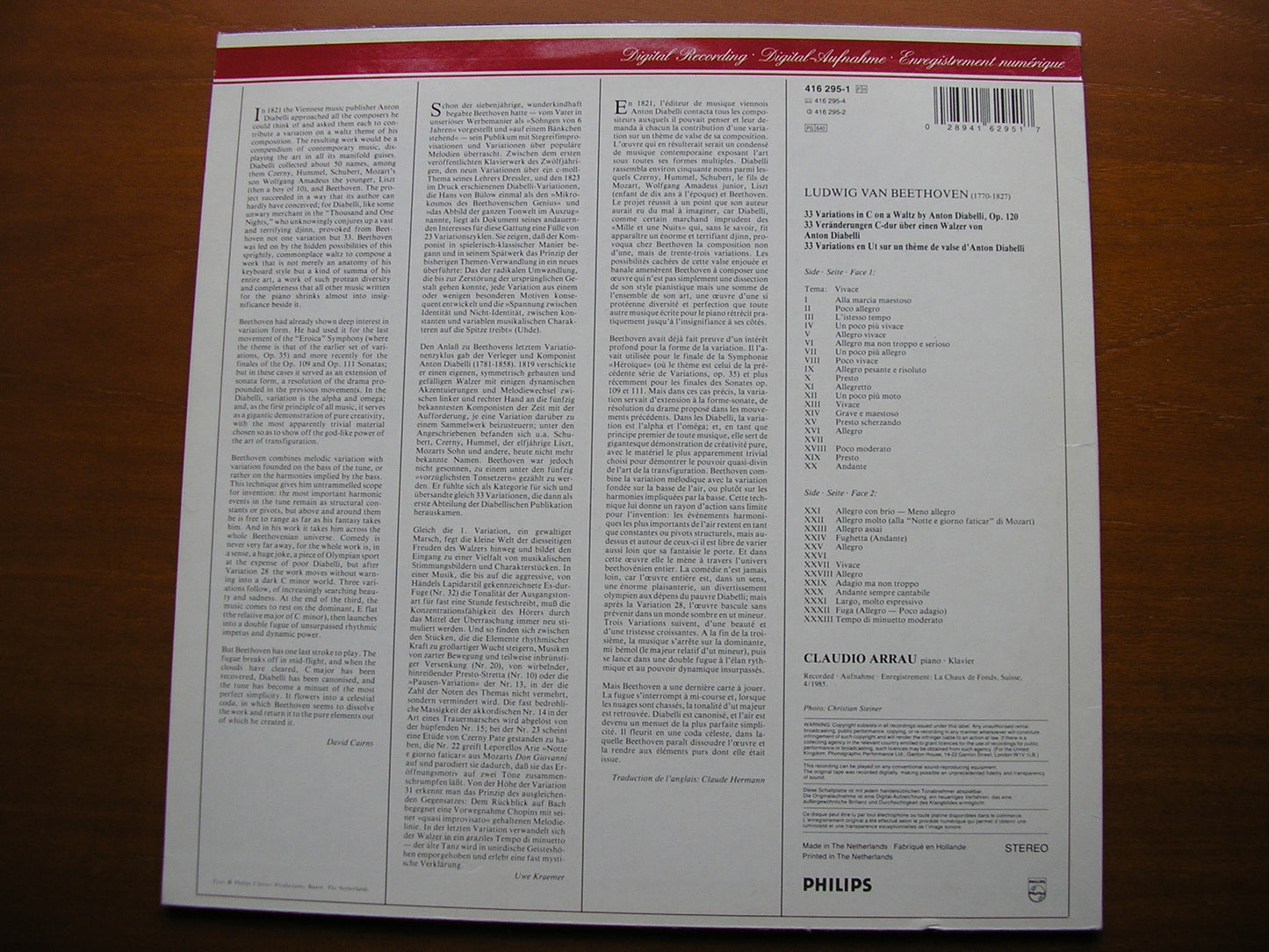 BEETHOVEN: DIABELLI VARIATIONS CLAUDIO ARRAU 416 295