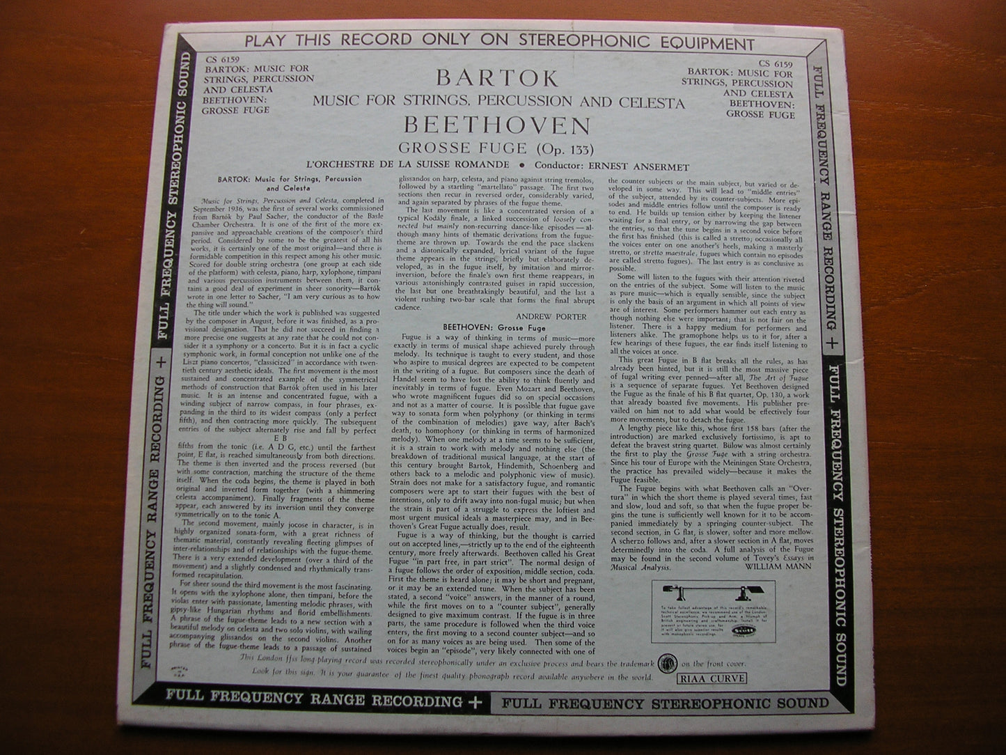 BARTOK: MUSIC FOR STRINGS, PERCUSSION & CELESTA / BEETHOVEN: GROSSE FUGE ANSERMET / SUISSE ROMANDE ORCHESTRA CS 6159