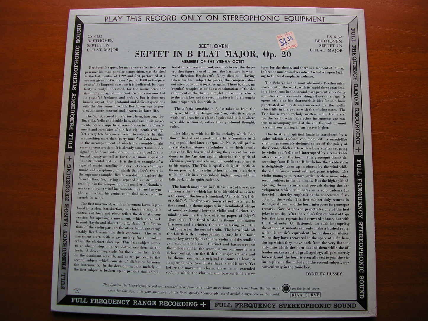 BEETHOVEN: SEPTET Op. 20 MEMBERS OF THE VIENNA OCTET CS 6132