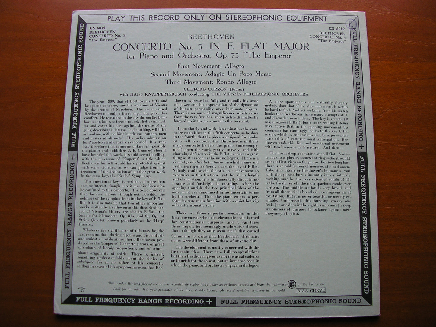 BEETHOVEN: PIANO CONCERTO No. 5 CURZON / VIENNA PHILHARMONIC / KNAPPERTSBUSCH CS 6019