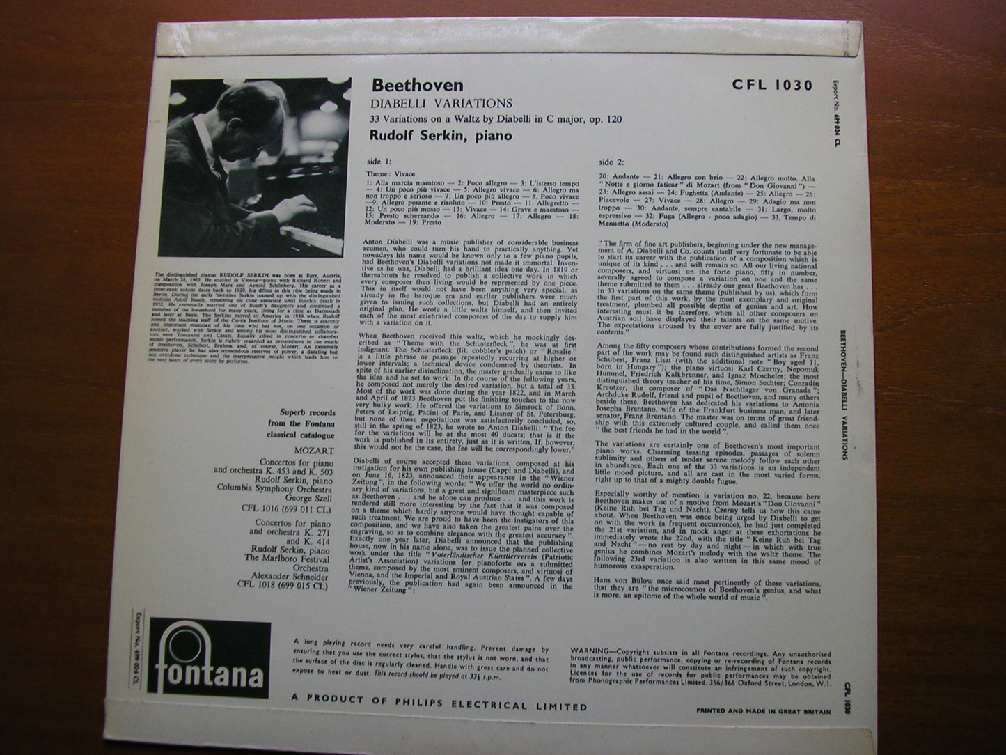 BEETHOVEN: DIABELLI VARIATIONS RUDOLF SERKIN CFL 1030