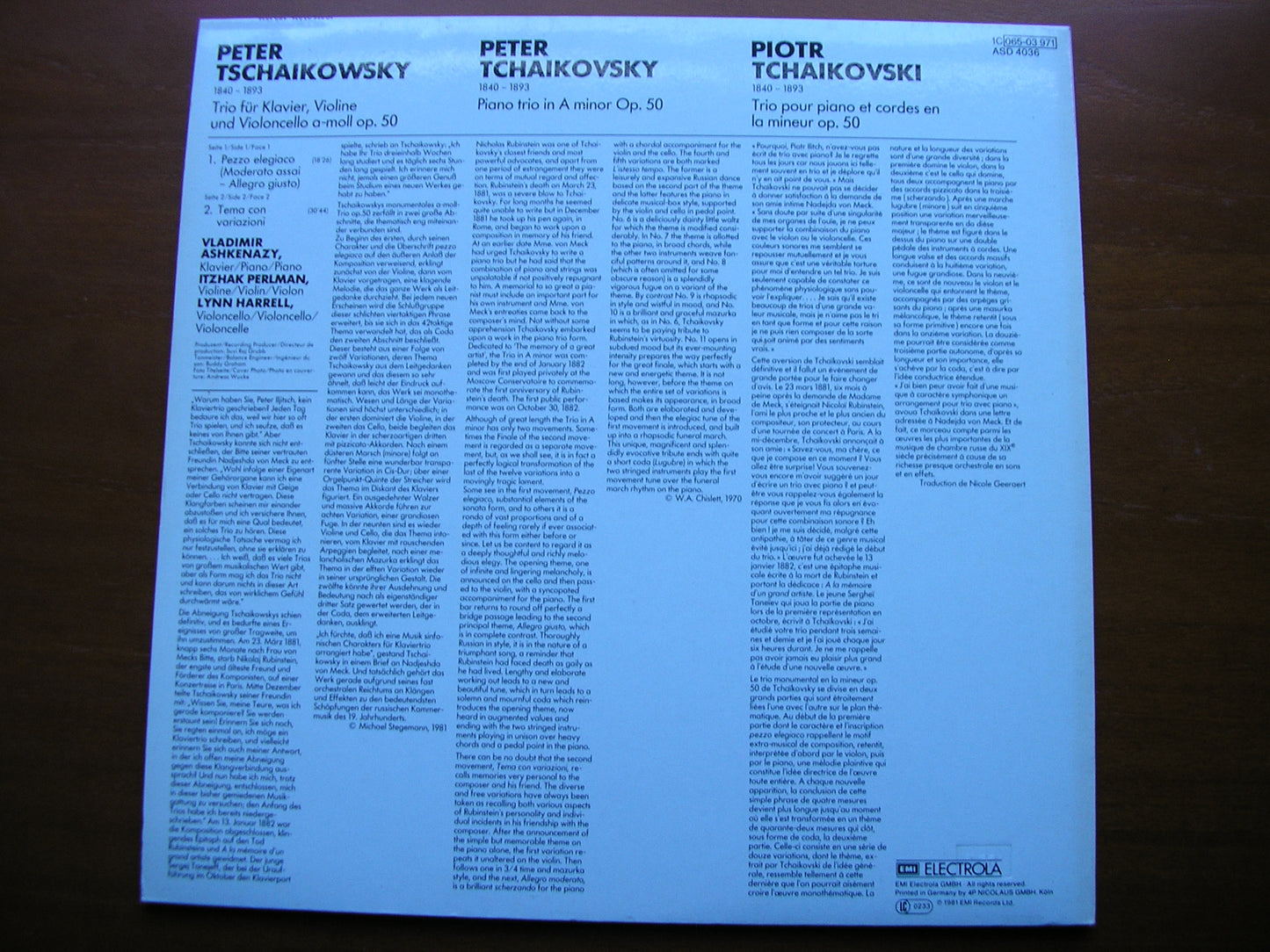 TCHAIKOVSKY: PIANO TRIO  VLADIMIR ASHKENAZY / LYNN HARRELL / ITZHAK PERLMAN     ASD 4036
