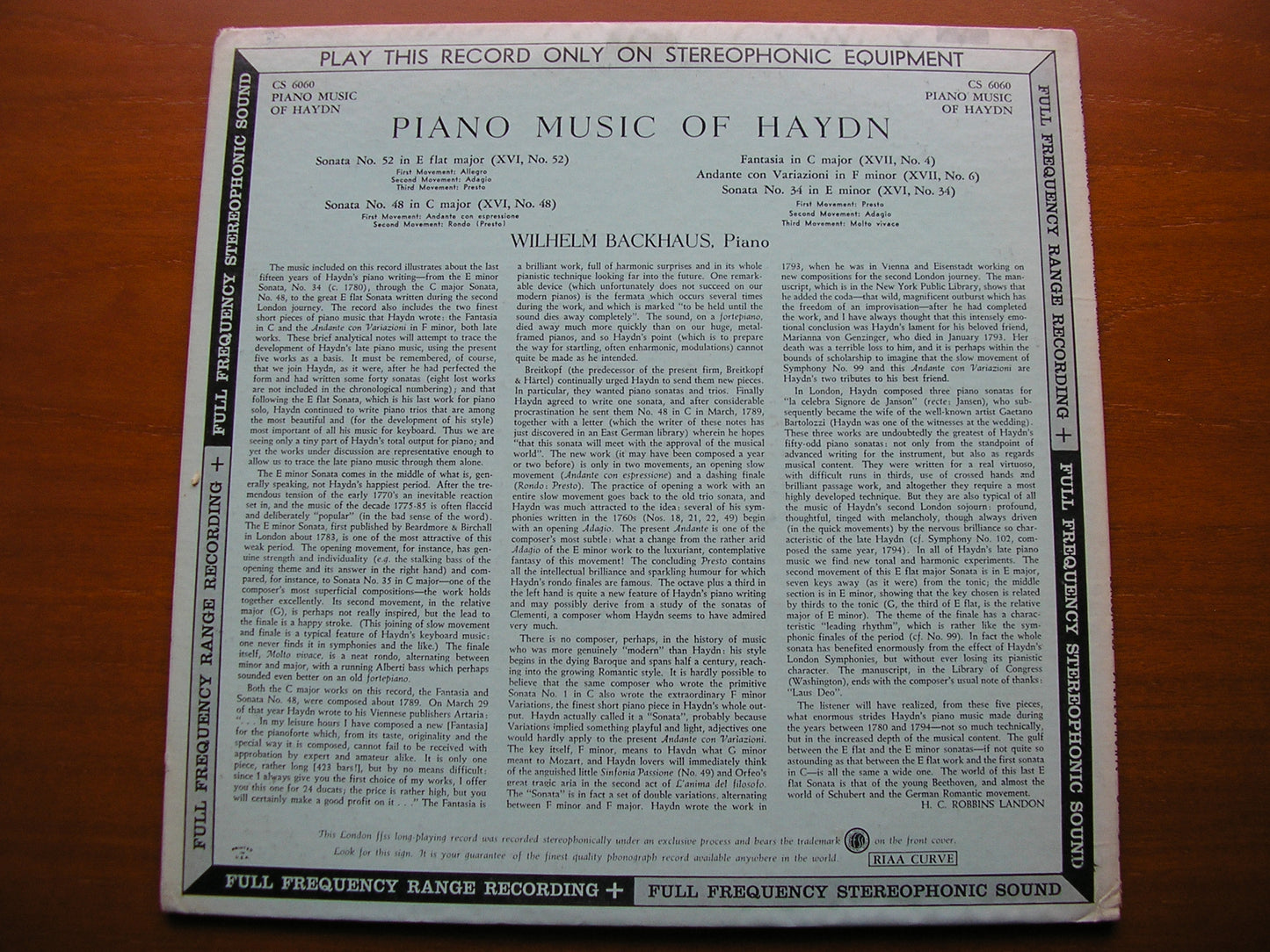 HAYDN: PIANO MUSIC WILHELM BACKHAUS CS 6060