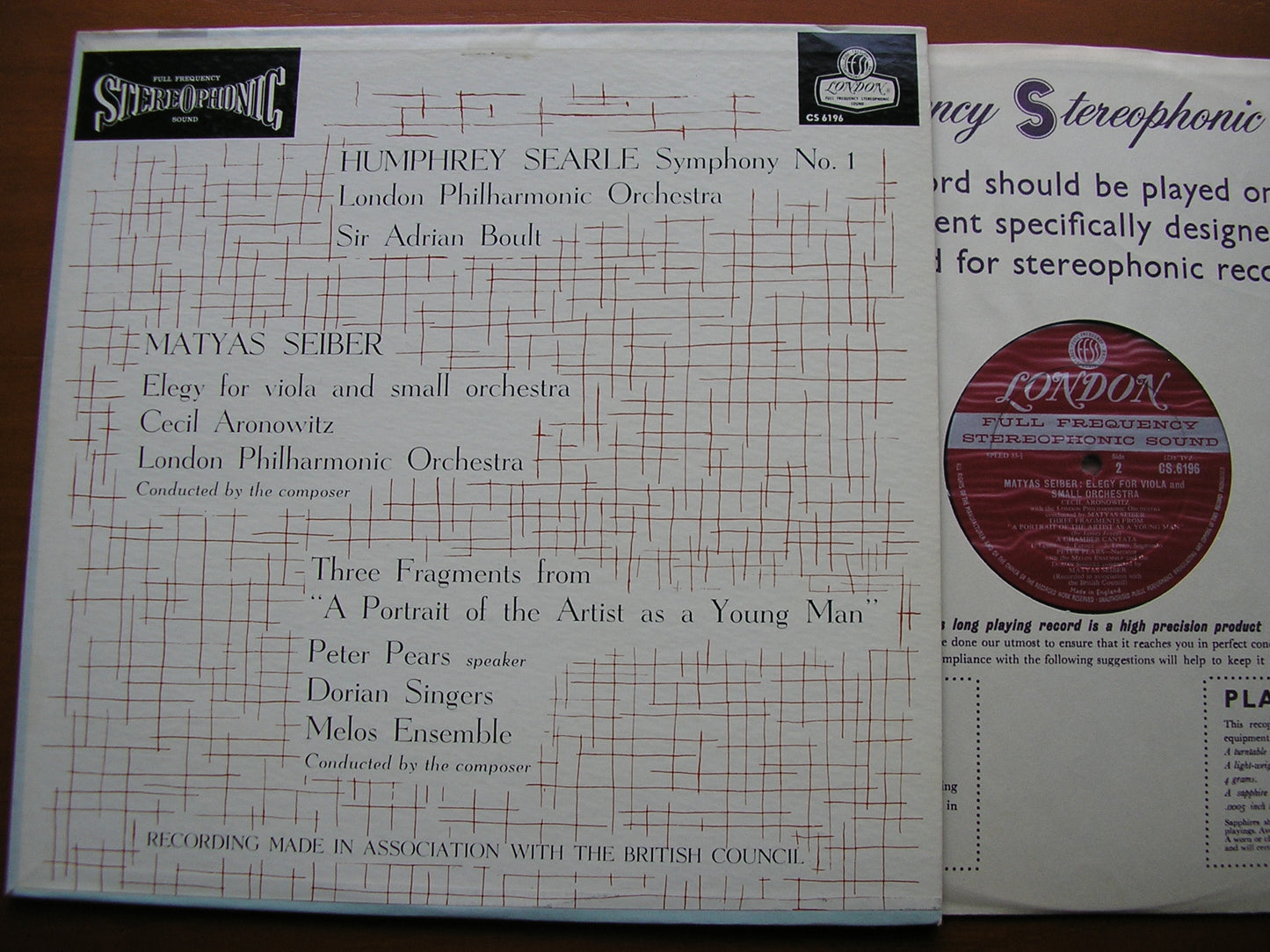 SEARLE: SYMPHONY No. 1 / SEIBER: ELEGY / THREE FRAGMENTS ARONOWITZ / PEARS / LONDON PHILHARMONIC / BOULT CS 6196