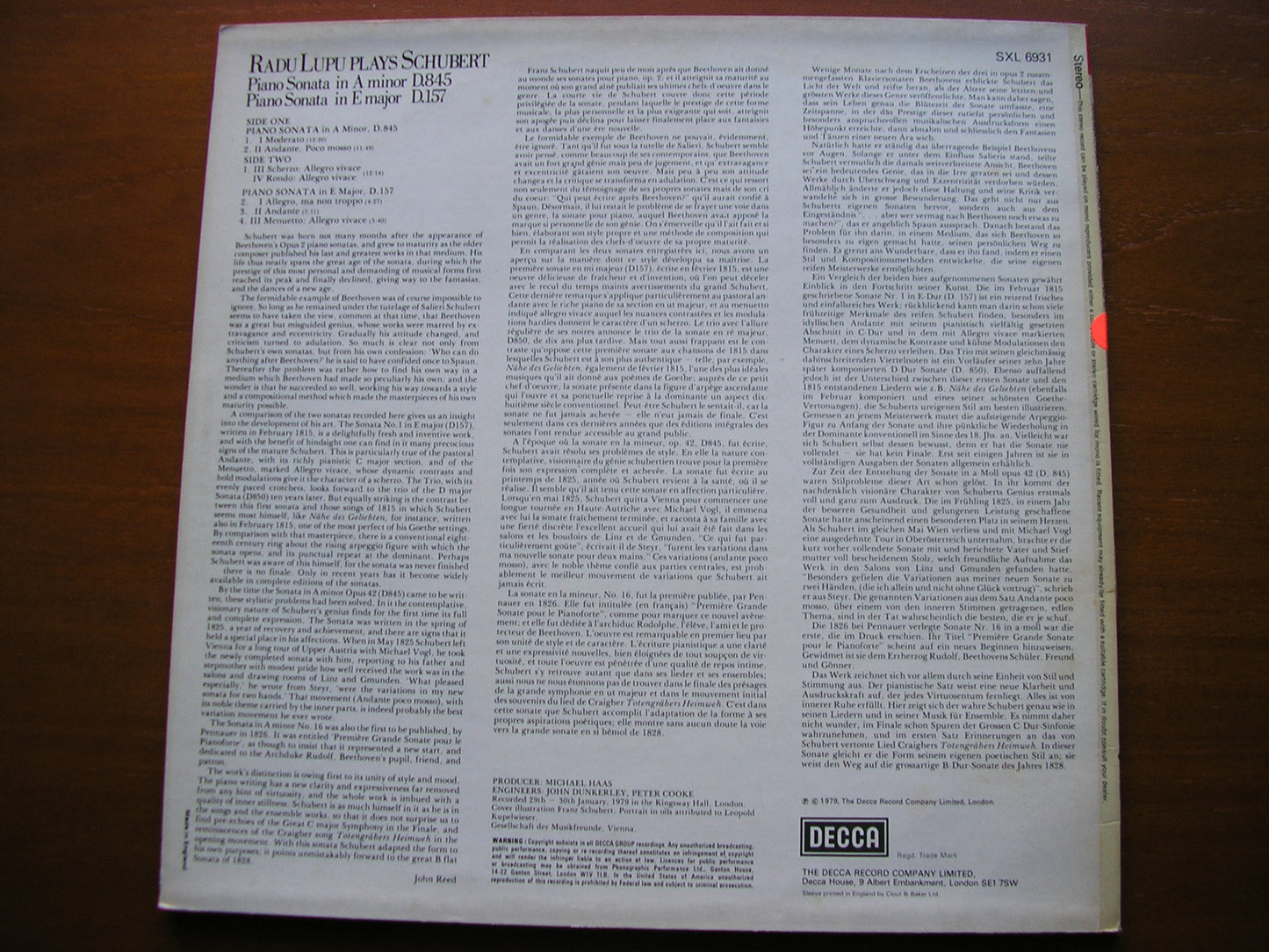 SCHUBERT: PIANO SONATAS D.157 in E / D.845 in A      LUPU     SXL 6931