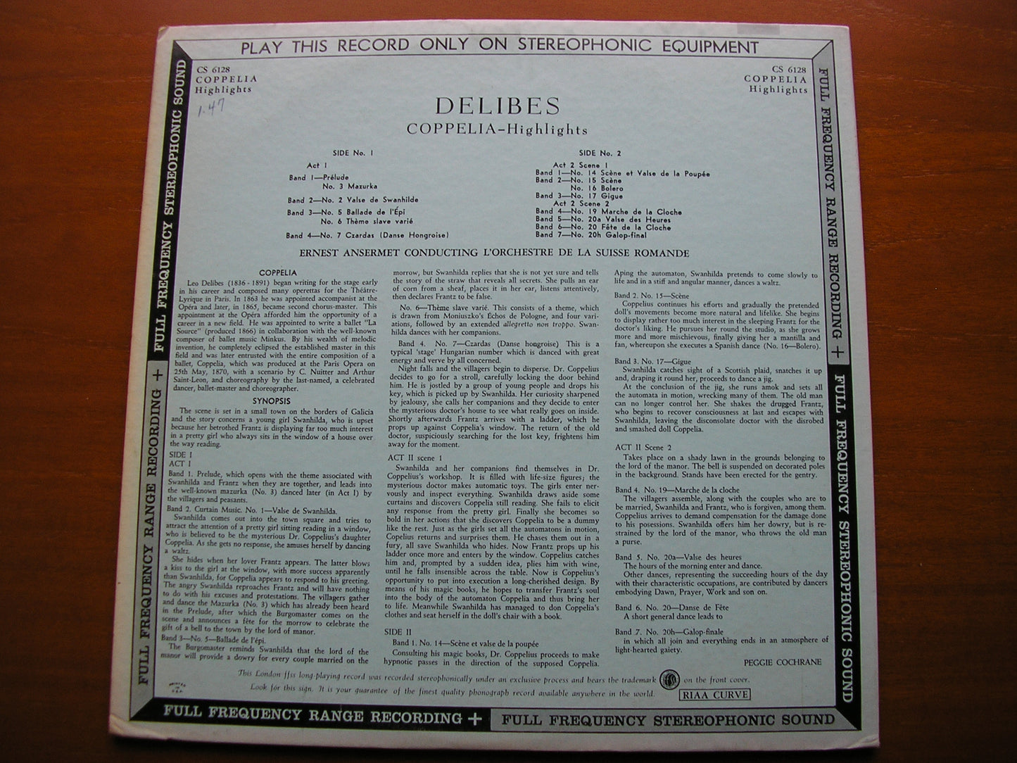DELIBES: COPPELIA Highlights ANSERMET / SUISSE ROMANDE ORCHESTRA CS 6128