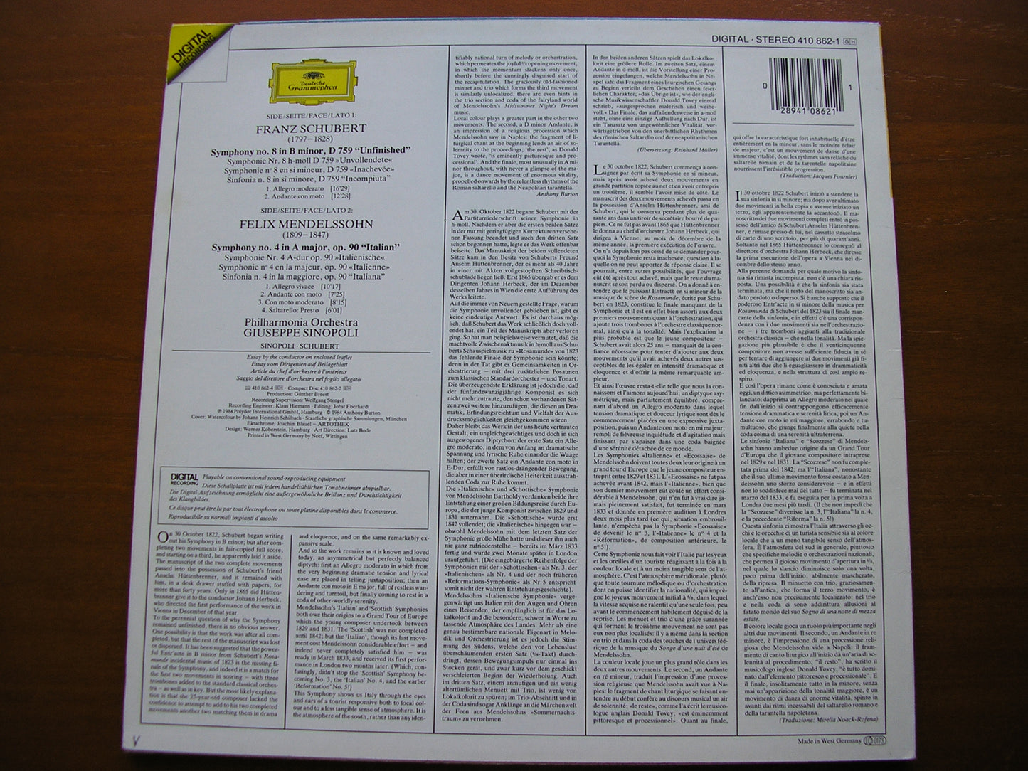 SCHUBERT: UNFINISHED / MENDELSSOHN: SYMPHONY No. 4 'Italian' SINOPOLI / PHILHARMONIA 410 862