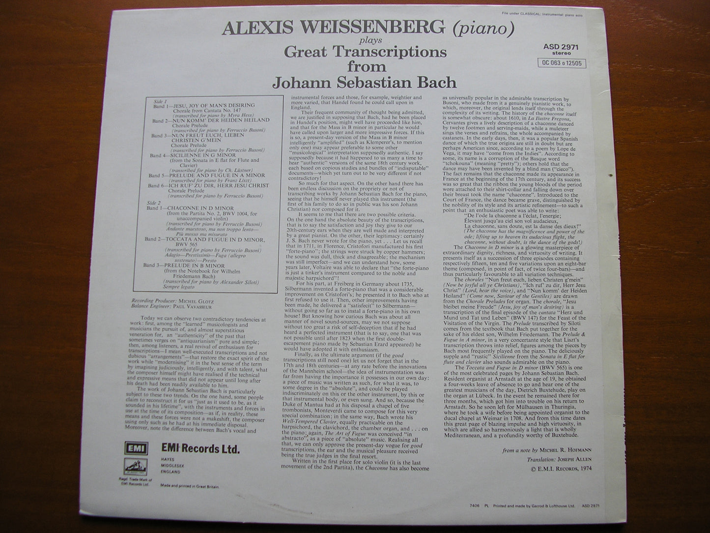 BACH TRANSCRIPTIONS: BUSONI / LISZT / SILOTI / HESS ALEXIS WEISSENBERG ASD 2971