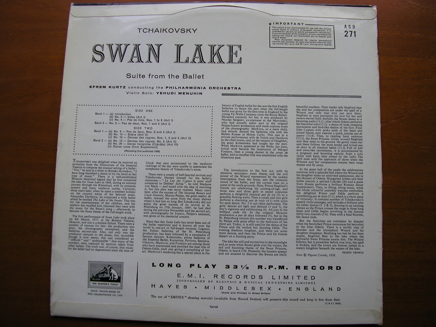 TCHAIKOVSKY: SWAN LAKE Suite KURTZ / PHILHARMONIA ASD 271