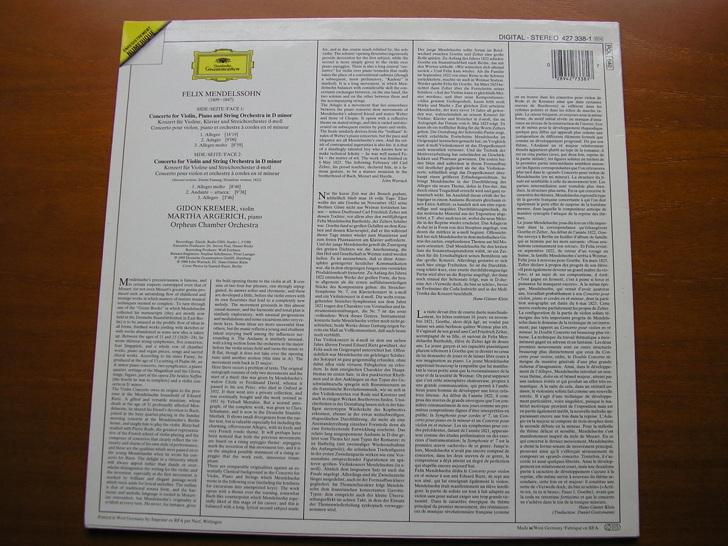 MENDELSSOHN: CONCERTO FOR VIOLIN & PIANO / VIOLIN CONCERTO KREMER / ARGERICH / ORPHEUS CHAMBER ORCHESTRA 427 338