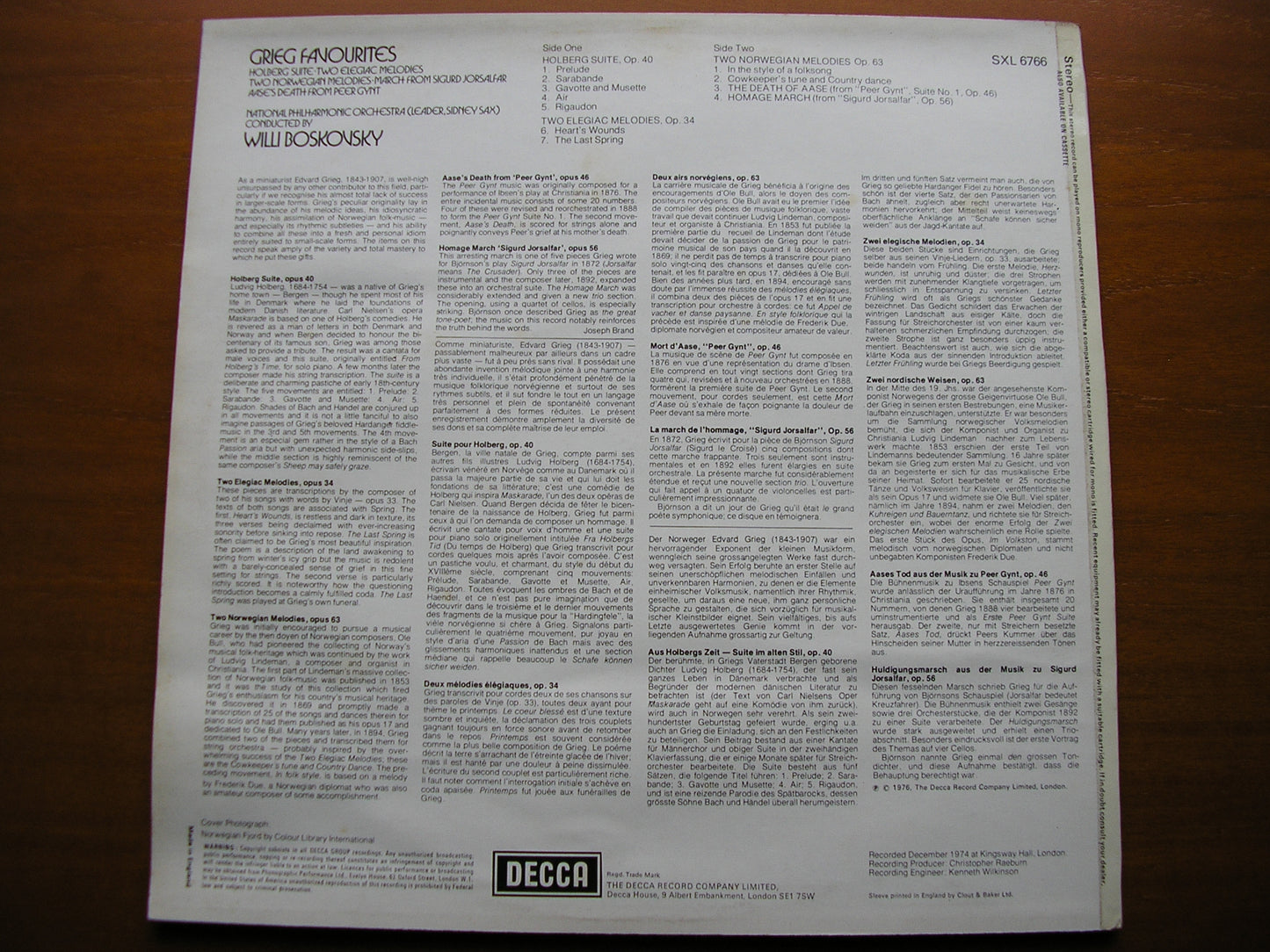 GRIEG: ORCHESTRAL WORKS: HOLBERG SUITE / TWO ELEGIAC MELODIES / TWO NORWEGIAN MELODIES      BOSKOVSKY / NATIONAL PHILHARMONIC  SXL 6766