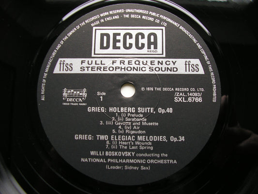 GRIEG: ORCHESTRAL WORKS: HOLBERG SUITE / TWO ELEGIAC MELODIES / TWO NORWEGIAN MELODIES      BOSKOVSKY / NATIONAL PHILHARMONIC  SXL 6766