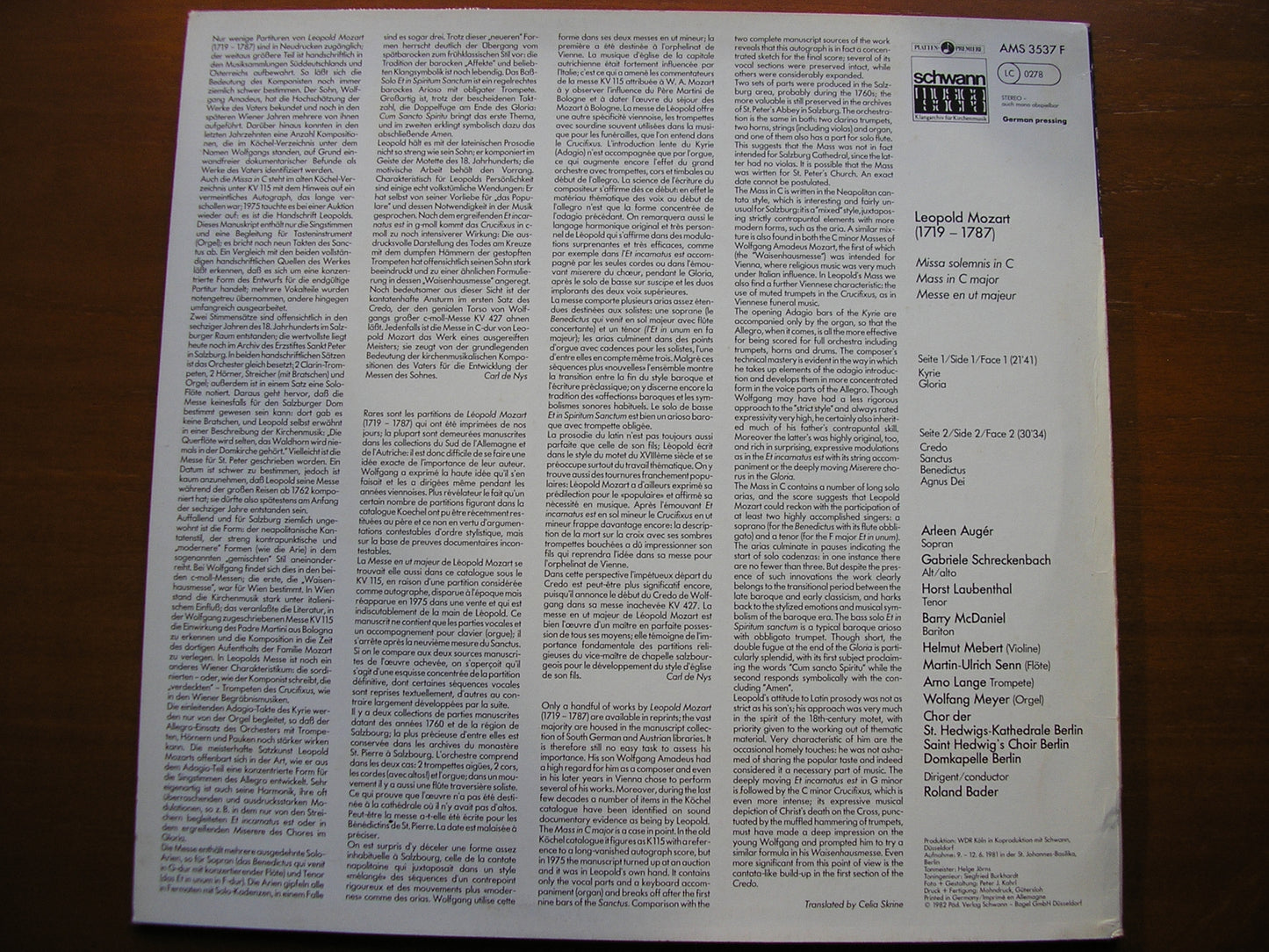 LEOPOLD MOZART: MISSA SOLEMNIS in C     SOLOISTS / DOMKAPELLE BERLIN / BADER    AMS 3537