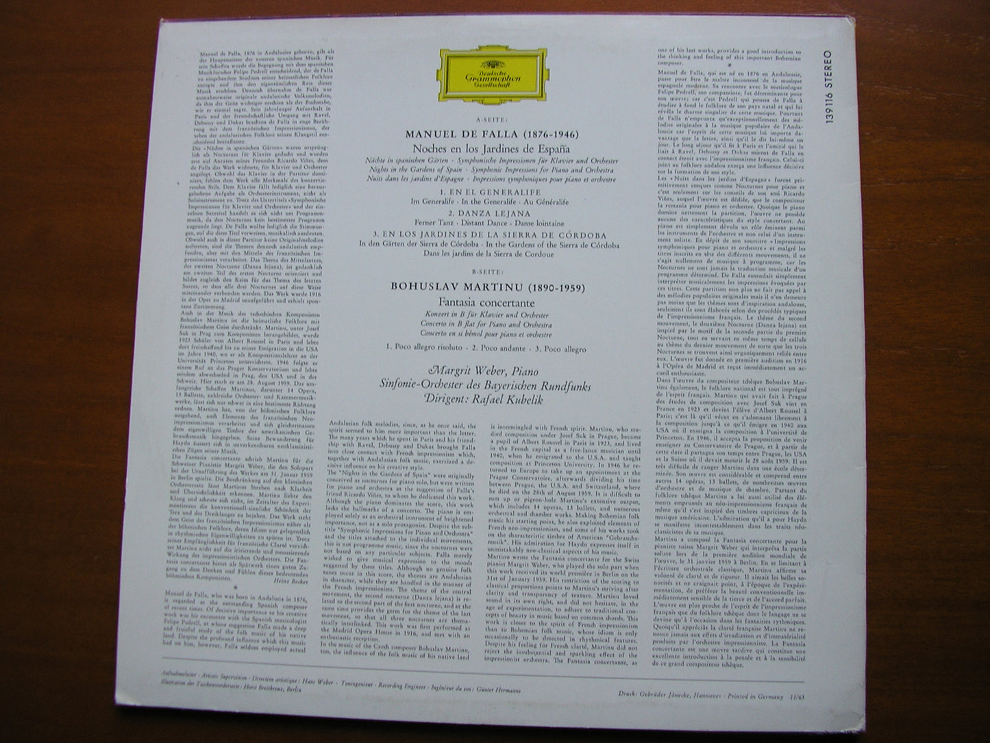 FALLA: NIGHTS IN THE GARDENS OF SPAIN / MARTINU: FANTASIA CONCERTANTE    WEBER / BAVARIAN RADIO SYMPHONY / KUBELIK     139 116