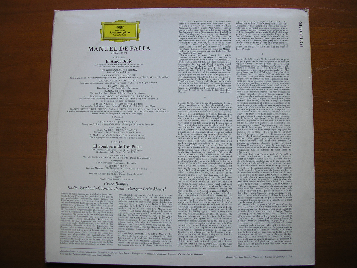 FALLA: EL AMOR BRUJO / DANCES from THE THREE CORNERED HAT    BUMBRY / BERLIN RADIO SYMPHONY / MAAZEL     139 115