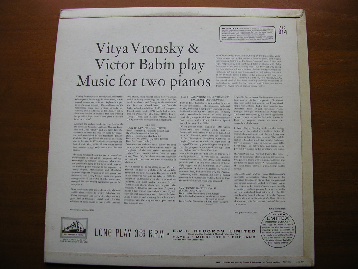 WORKS FOR TWO PIANOS: RACHMANINOV / LUTOSLAWSKI / BIZET     VRONSKY & BABIN    ASD 614