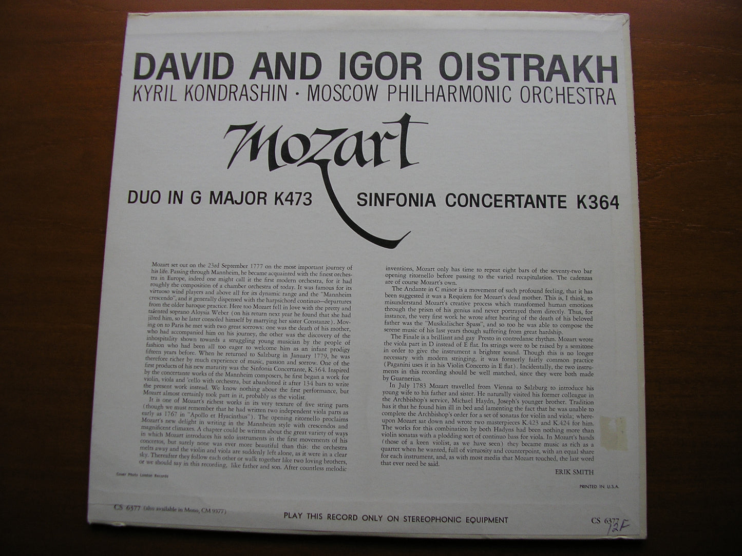 MOZART: SINFONIA CONCERTANTE K364 / DUO in G K423 DAVID & IGOR OISTRAKH / MOSCOW PHILHARMONIC / KONDRASHIN CS 6377