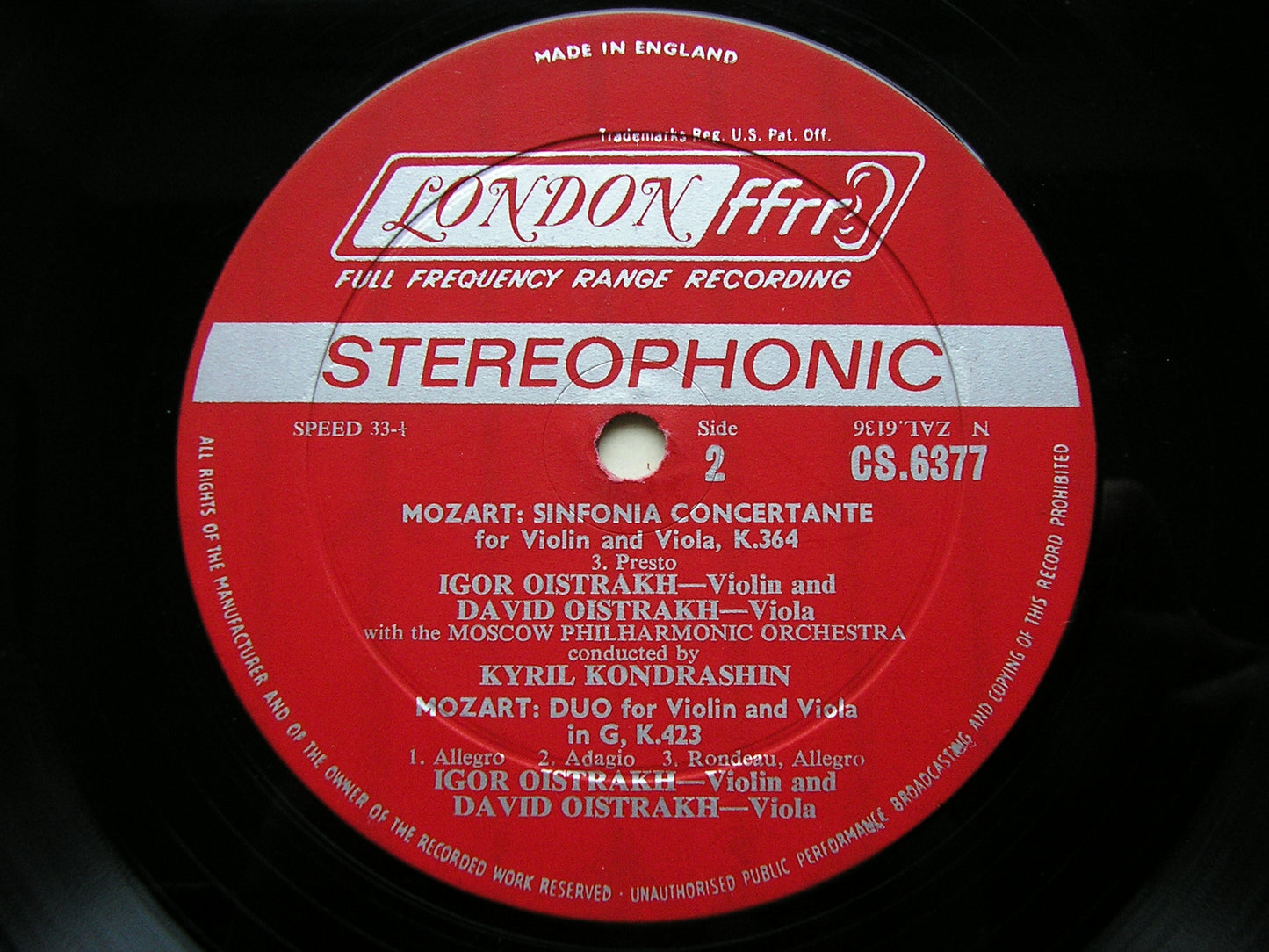 MOZART: SINFONIA CONCERTANTE K364 / DUO in G K423 DAVID & IGOR OISTRAKH / MOSCOW PHILHARMONIC / KONDRASHIN CS 6377