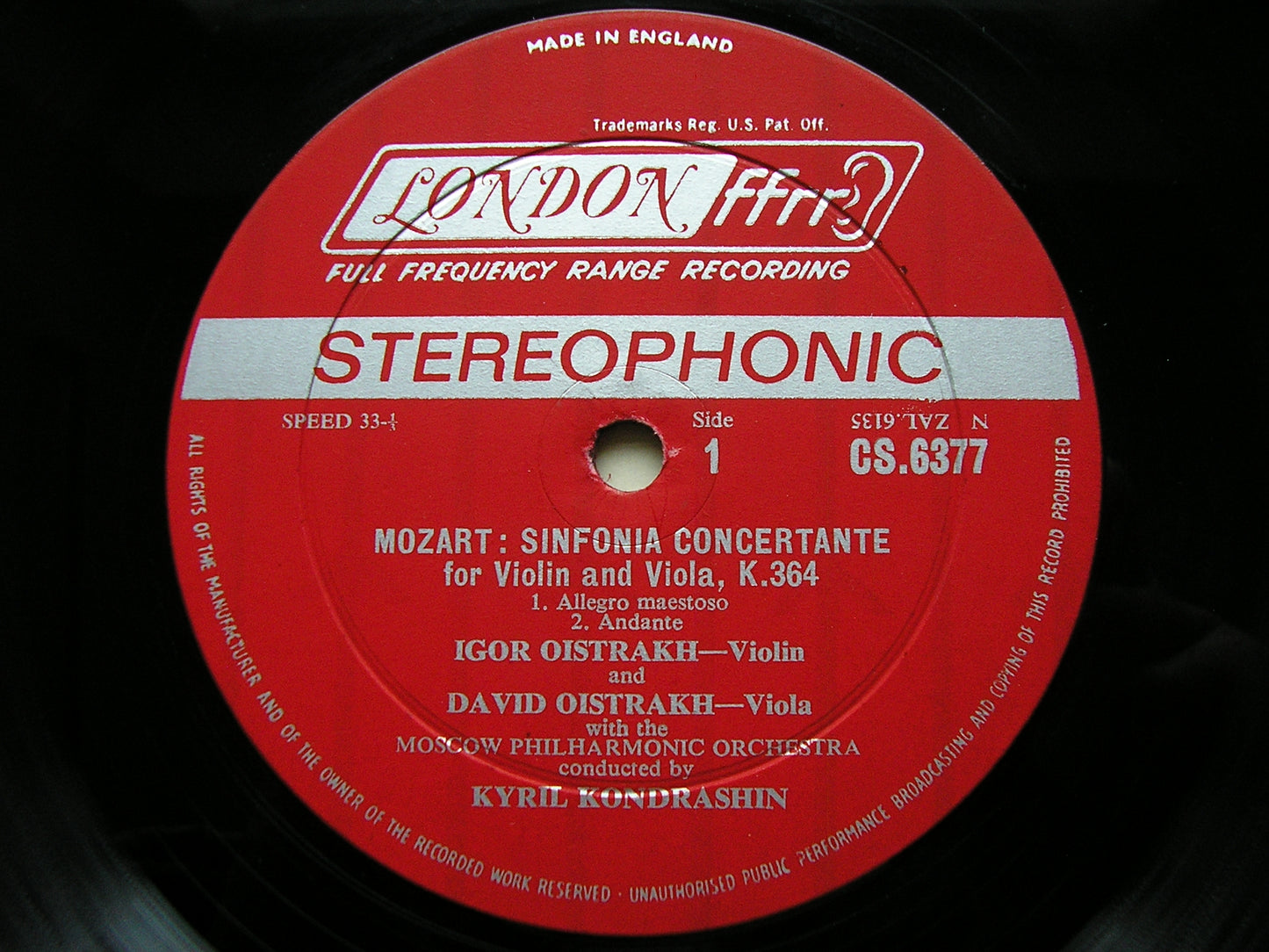 MOZART: SINFONIA CONCERTANTE K364 / DUO in G K423 DAVID & IGOR OISTRAKH / MOSCOW PHILHARMONIC / KONDRASHIN CS 6377