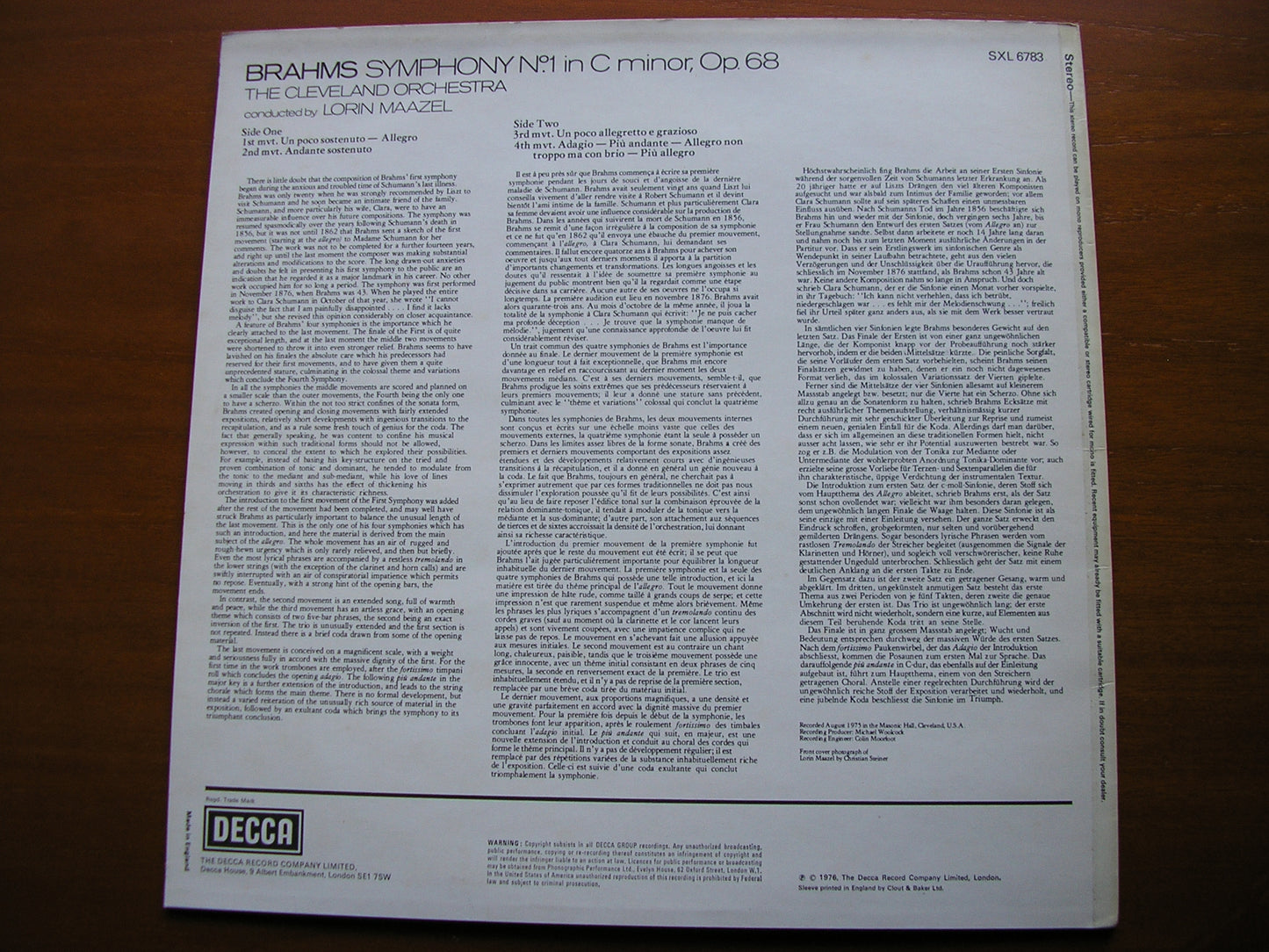 BRAHMS: SYMPHONY No. 1 MAAZEL / CLEVELAND ORCHESTRA SXL 6783