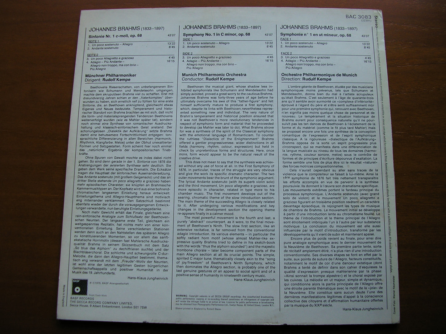 BRAHMS: SYMPHONY No. 1 KEMPE / MUNICH PHILHARMONIC ORCHESTRA BAC 3083