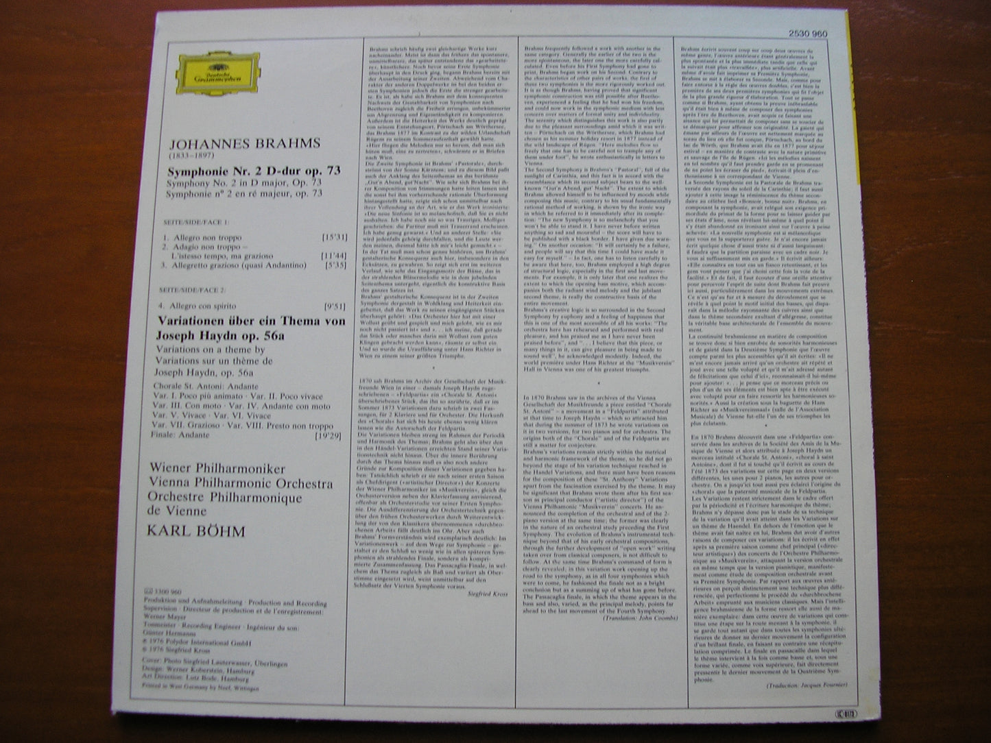 BRAHMS: SYMPHONY No. 2 / HAYDN VARIATIONS BOHM / VIENNA PHILHARMONIC 2530 960