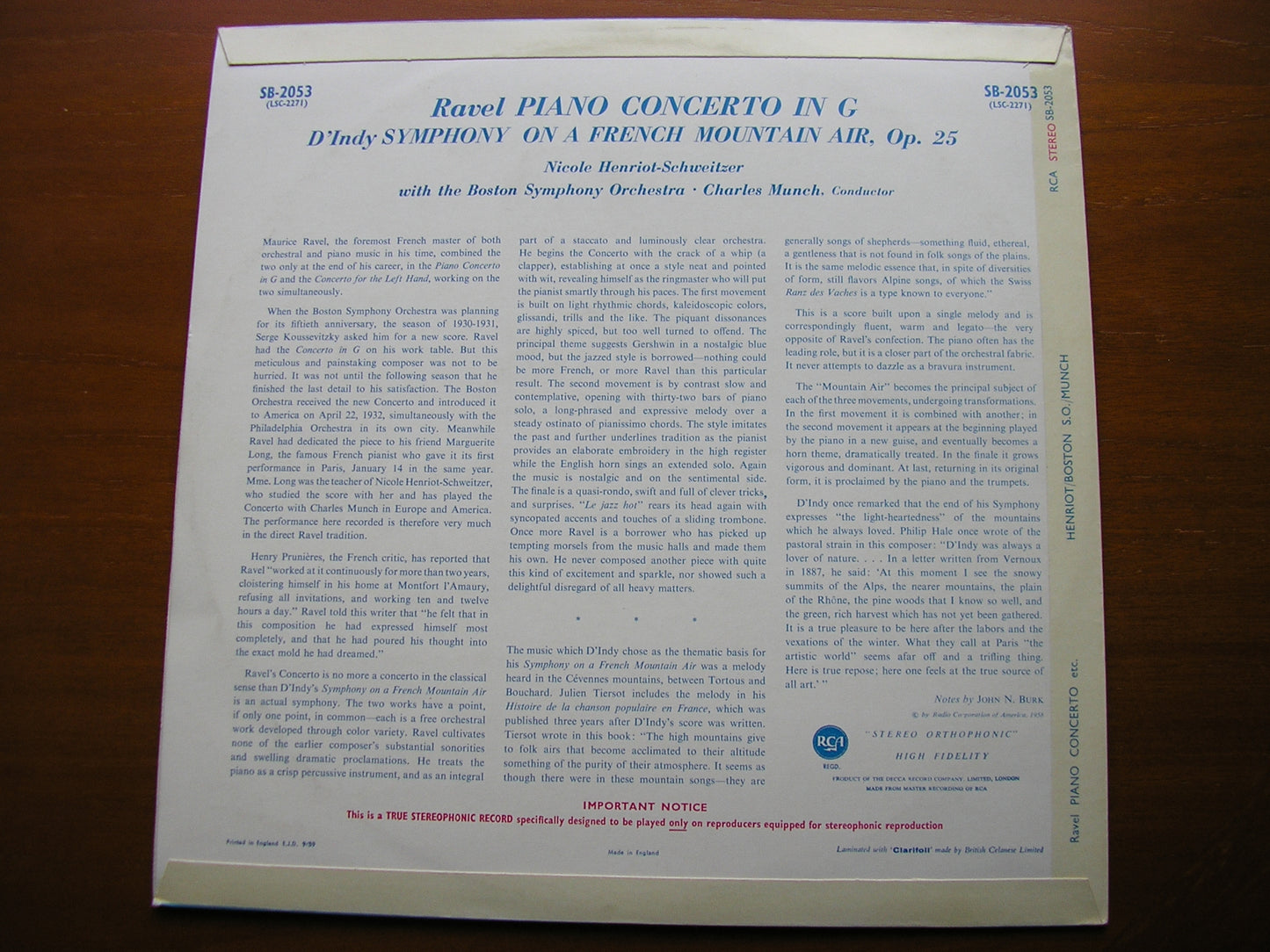 RAVEL: PIANO CONCERTO in G / D'INDY: SYMPHONY ON A FRENCH MOUNTAIN AIR   HENRIOT-SCHWEITZER / BOSTON SYMPHONY / MUNCH   SB 2053