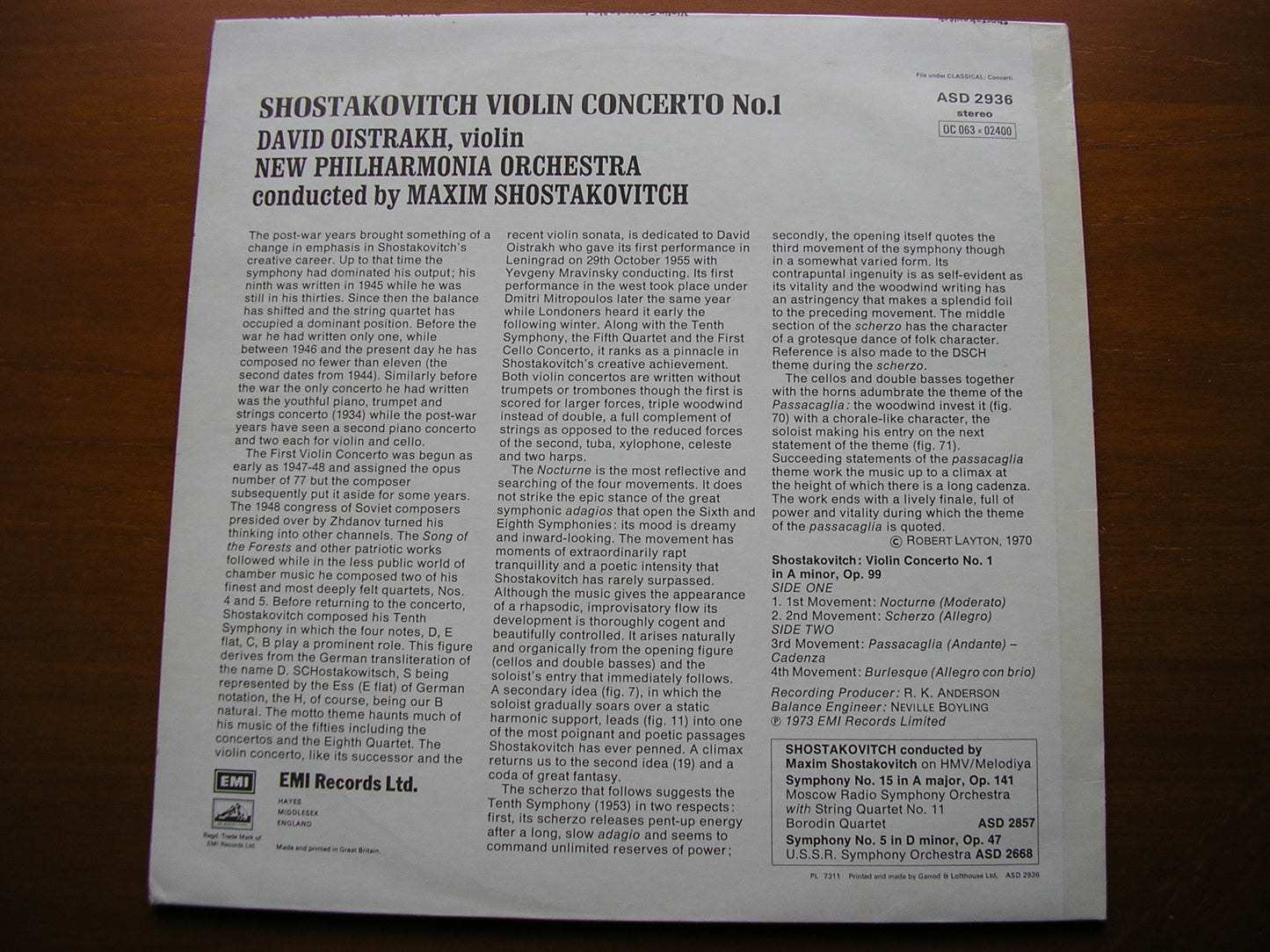 SHOSTAKOVICH: VIOLIN CONCERTO No. 1 OISTRAKH / NEW PHILHARMONIA / MAXIM SHOSTAKOVICH ASD 2936