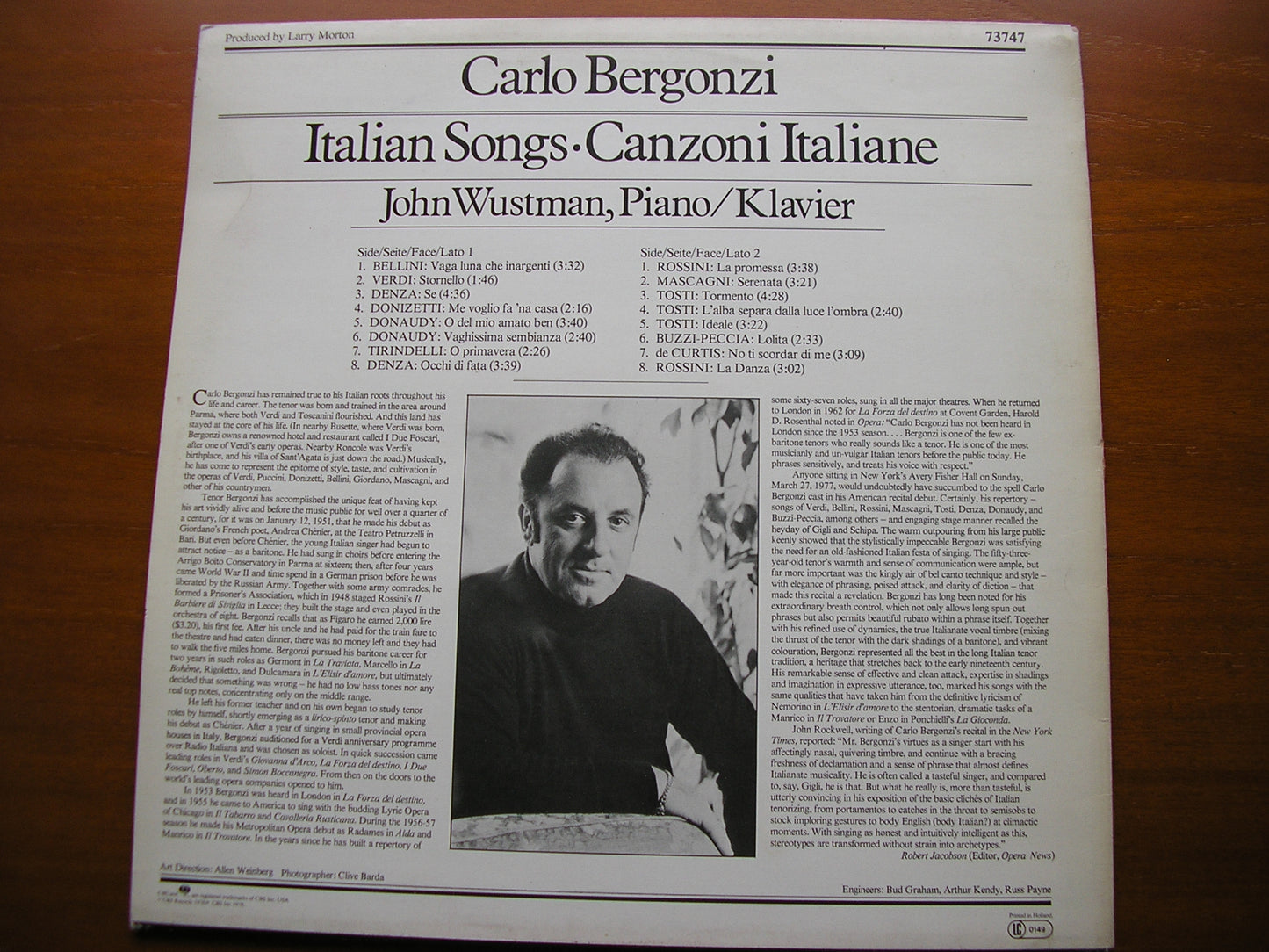 CARLO BERGONZI SINGS ITALIAN SONGS: DENZA / DONAUDY / VERDI / BELLINI / DONIZETTI / ROSSINI / TOSTI / MASCAGNI / de CURTIS    73747